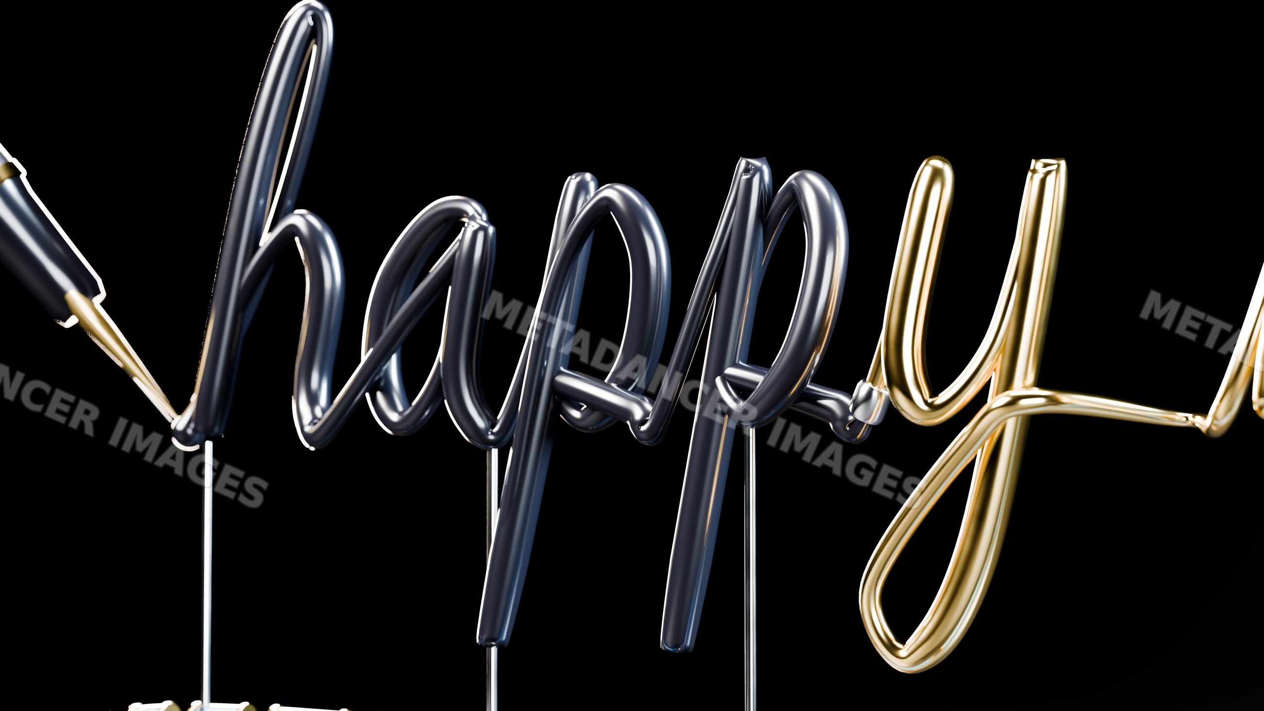 Happy word formed with black and gold letter balloons