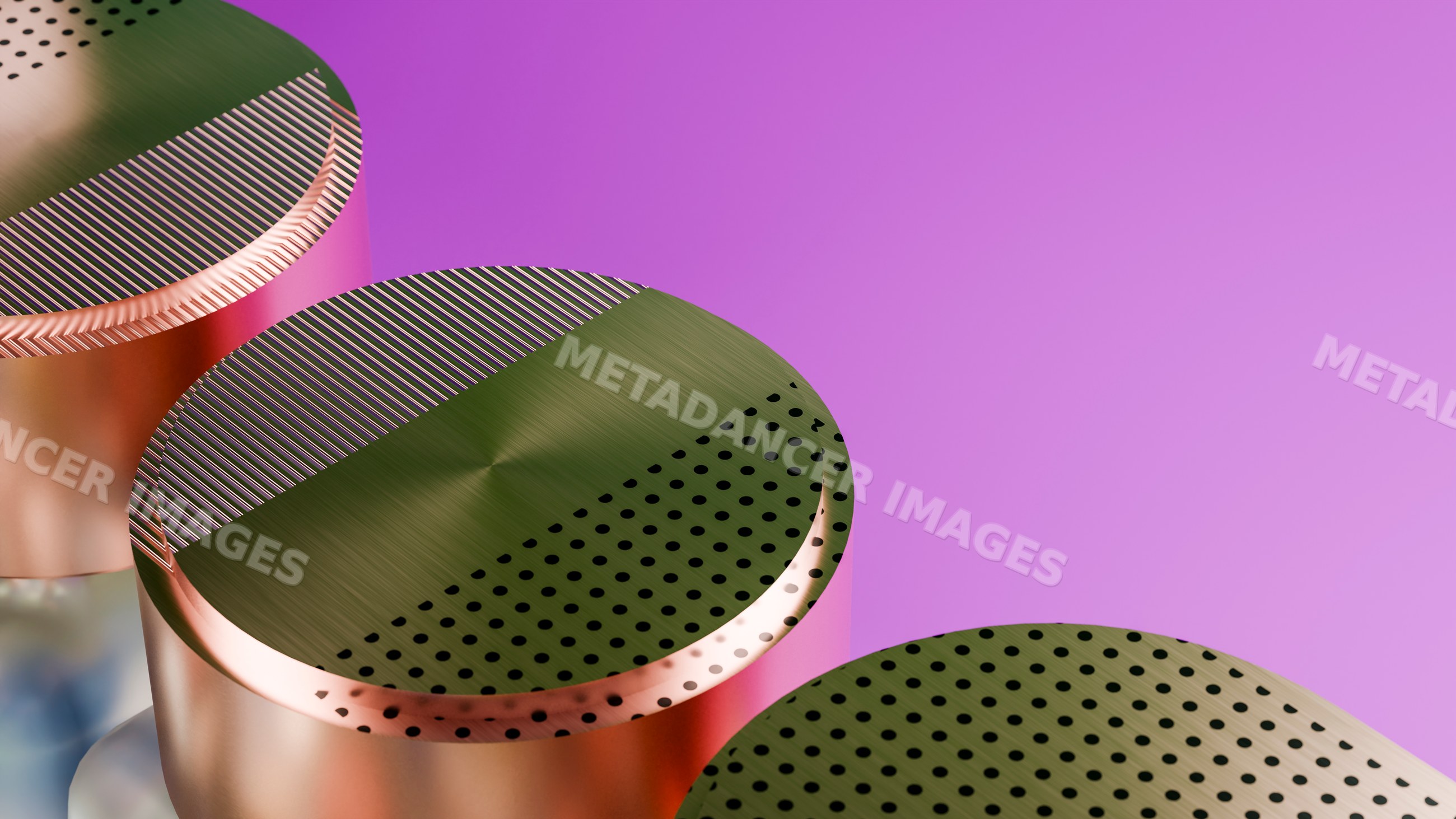 Metallic capsules with perforated patterns on pink background