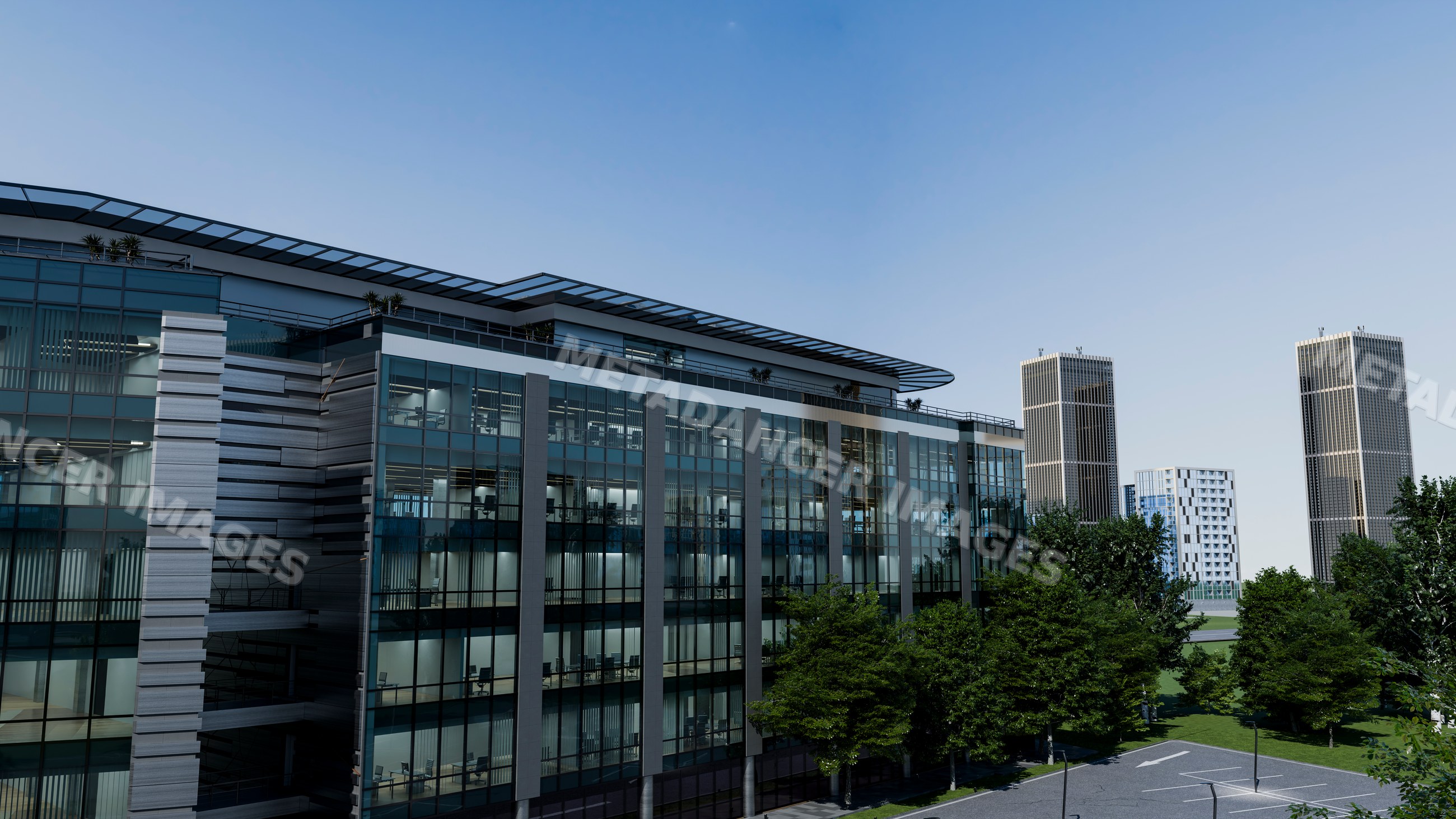 Modern glass office building with surrounding city skyscrapers