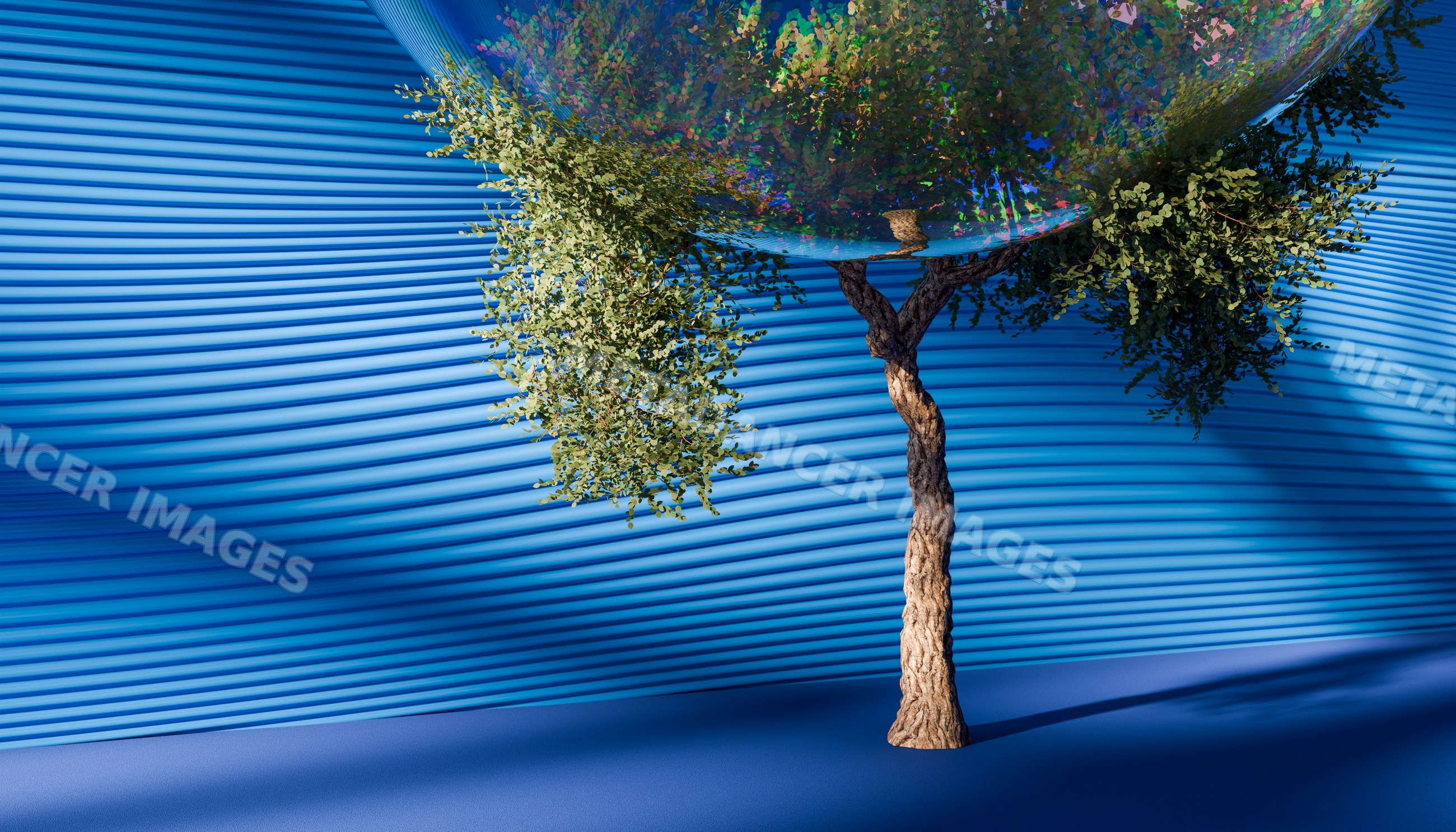 Reflected tree sculpture with green leaves against a blue patterned