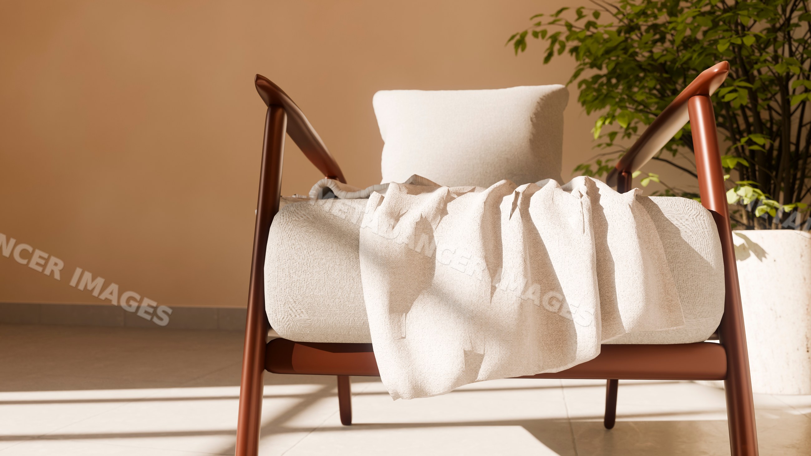 Brown armchair with cushion and throw blanket beside indoor plant