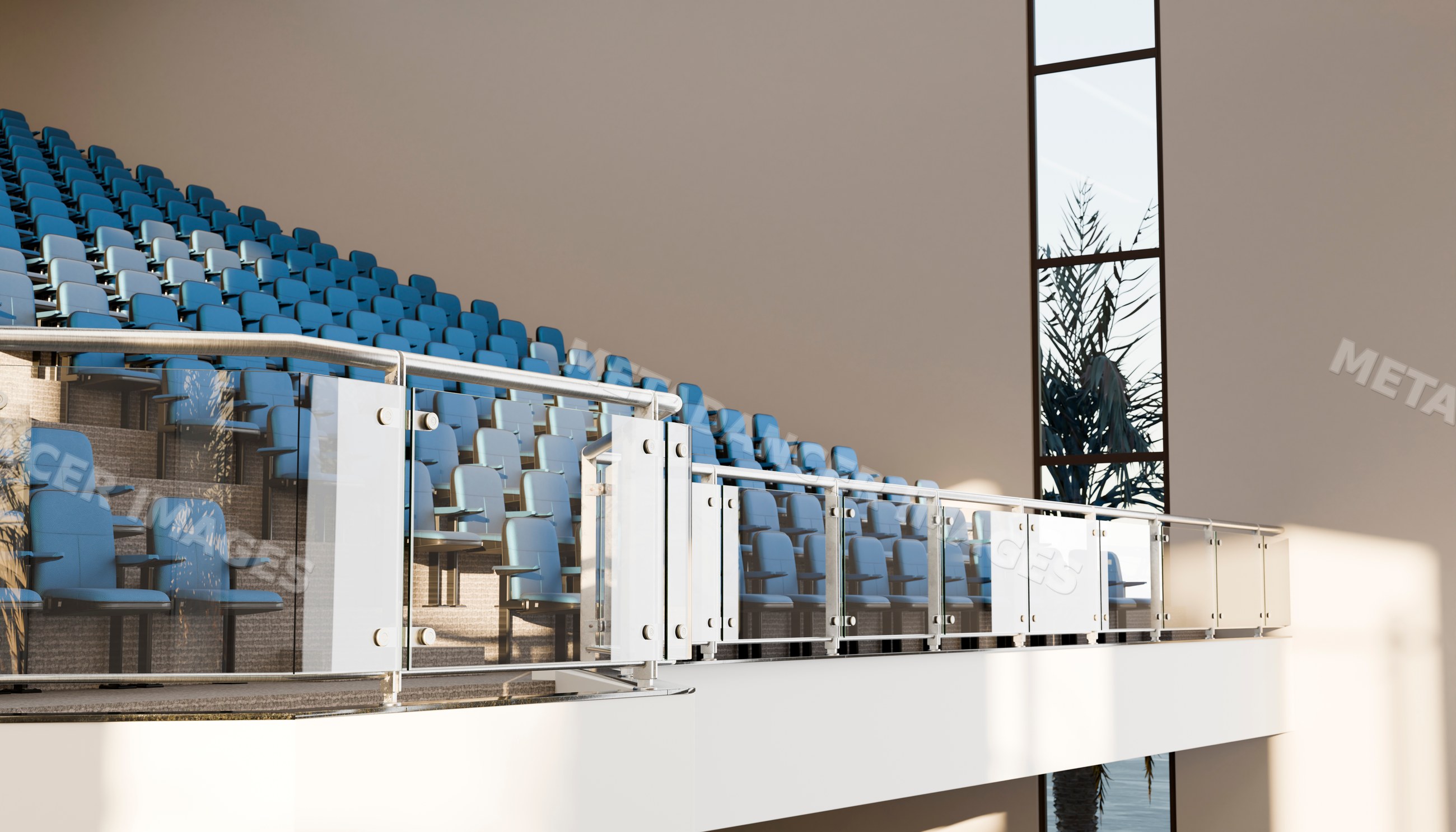 Modern indoor stadium seating with blue cushions and glass railing