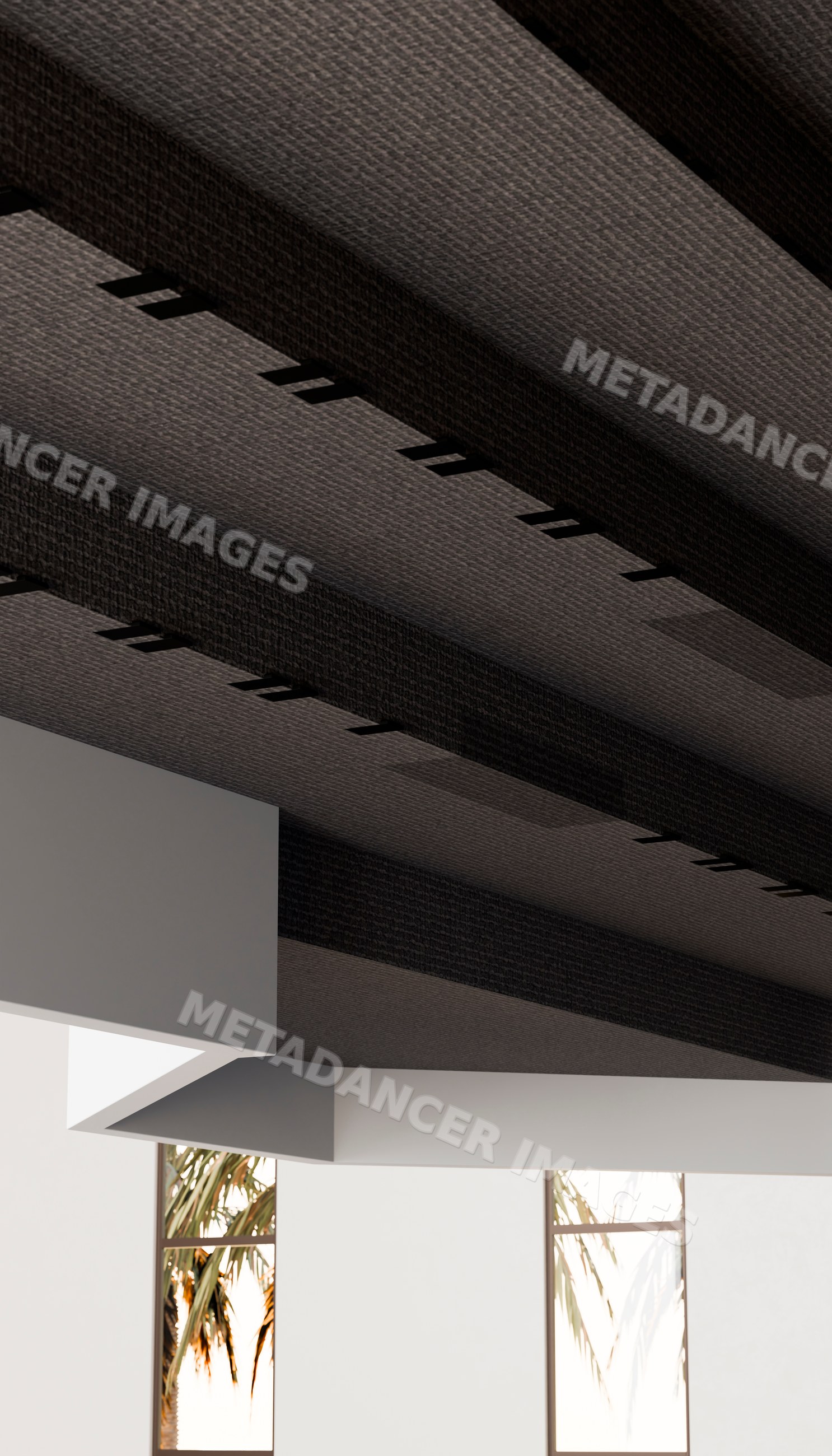 Modern interior ceiling with structural beams and natural light