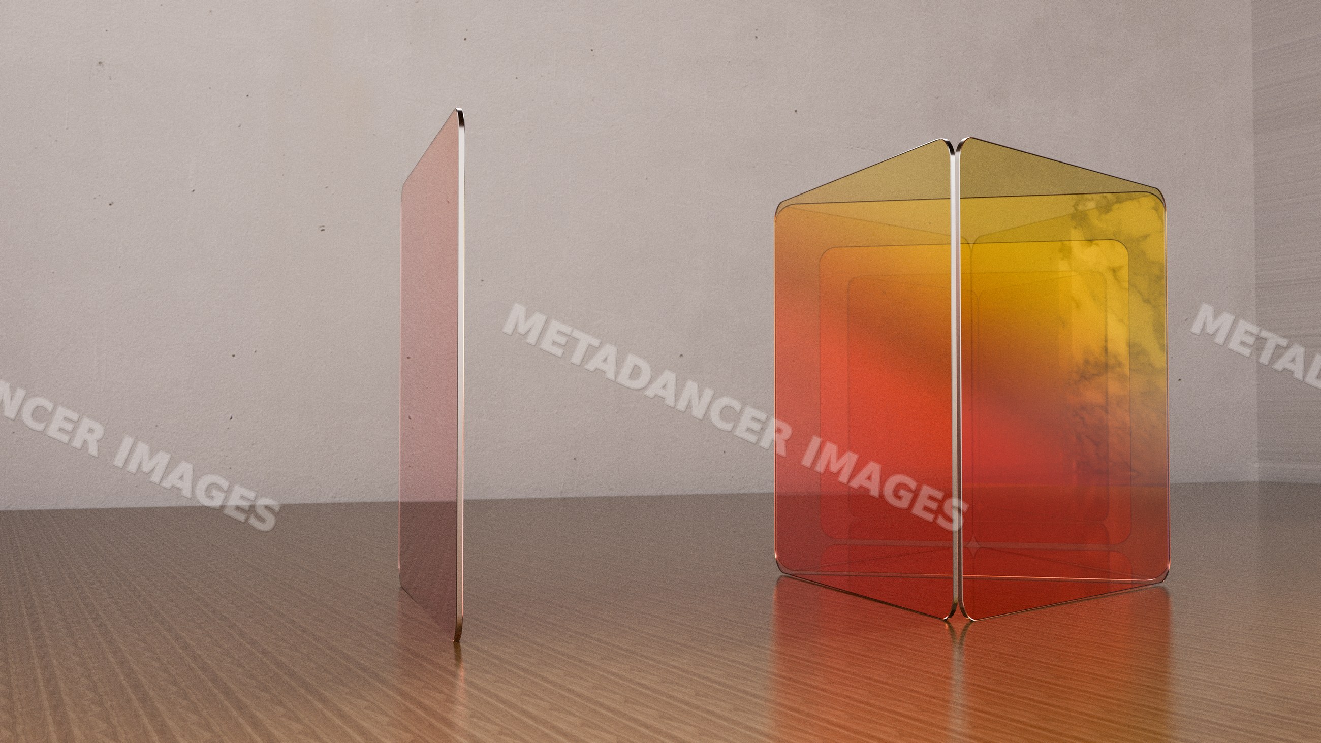 Translucent colored glass panels arranged on wooden surface indoors