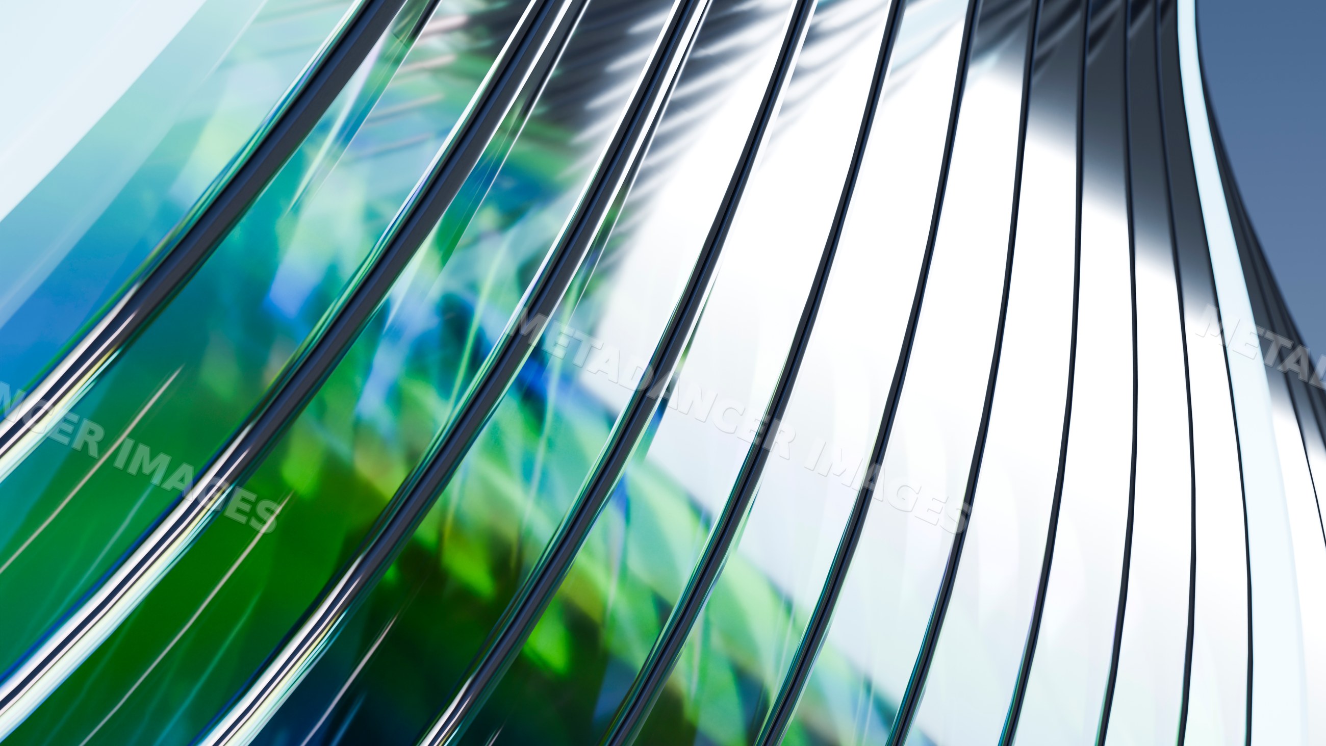 Curved glass with green and blue reflections abstract design