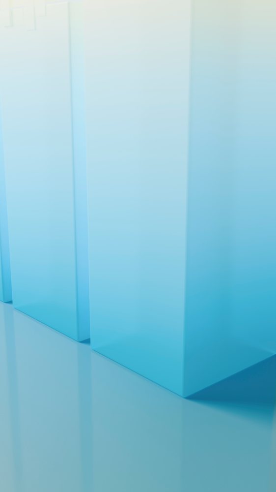 Blue gradient rectangular pillars on reflective floor
