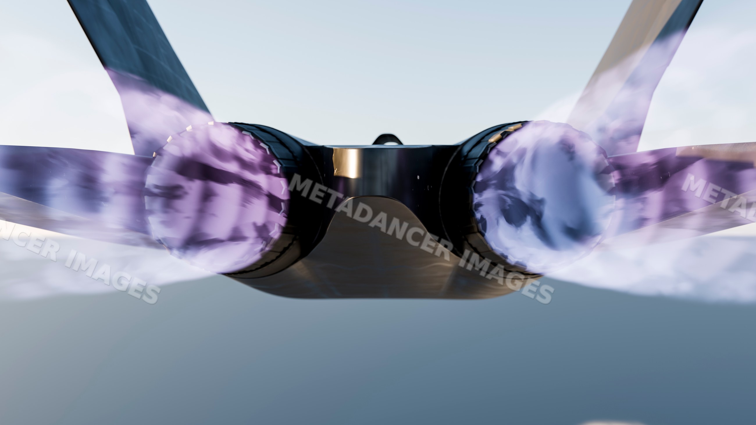 Military fighter jet with afterburning jet engines in flight