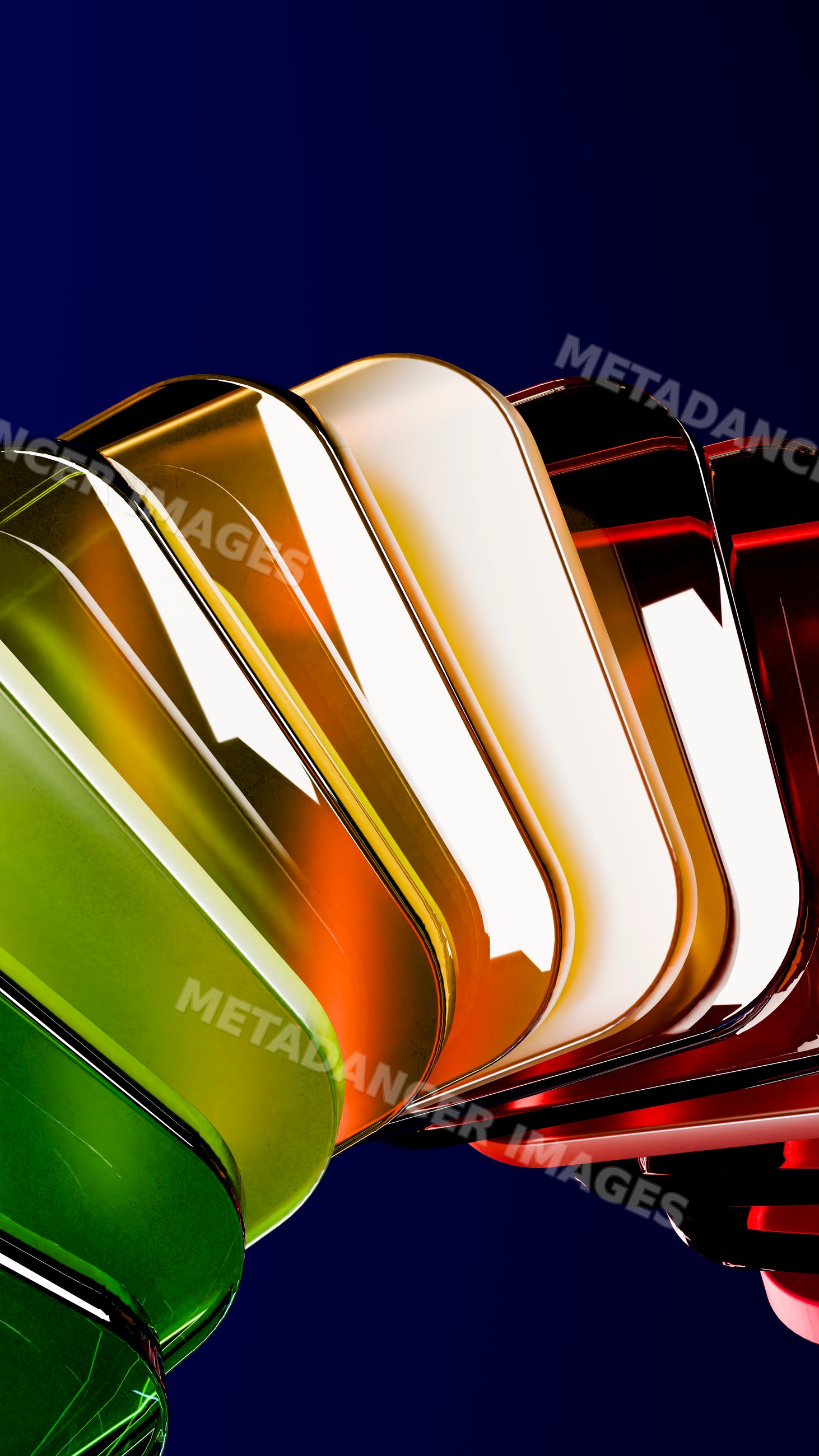 Stacked colored transparent glasses with reflections