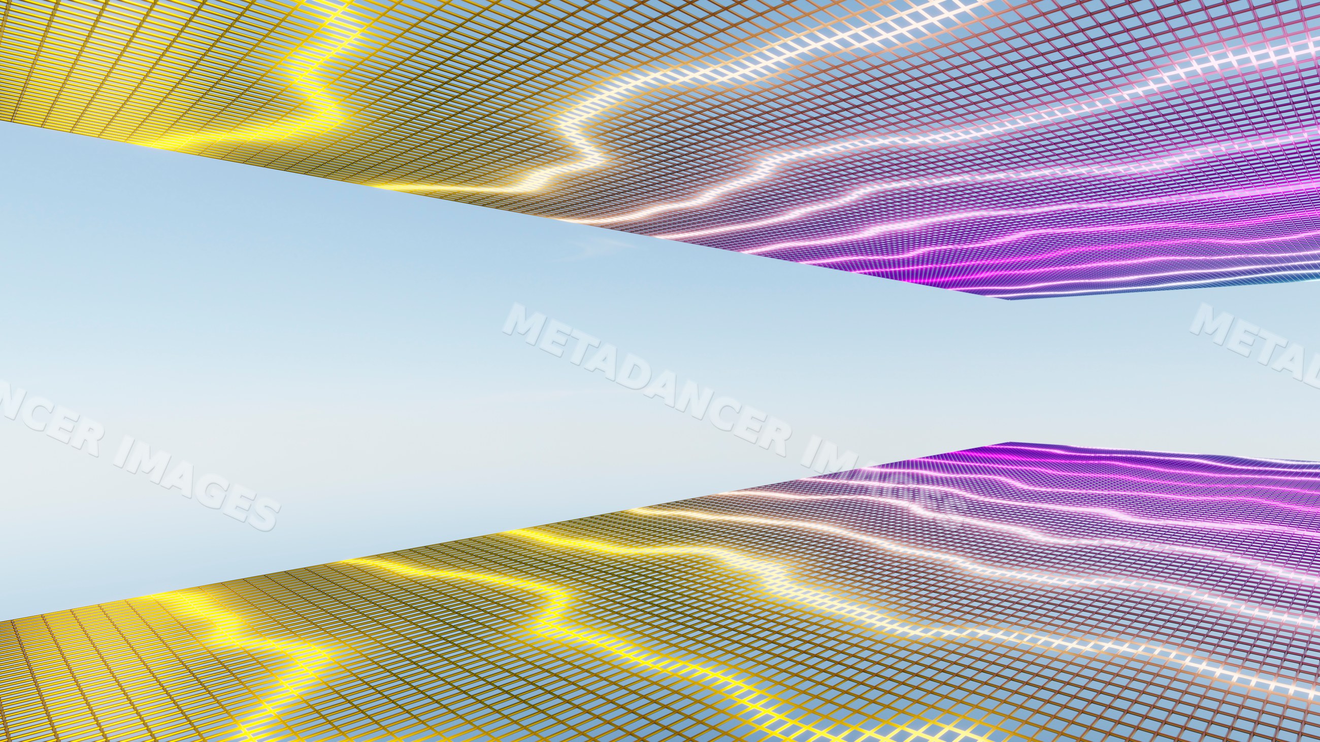 Digital screens with neon grid patterns reflecting clear blue sky