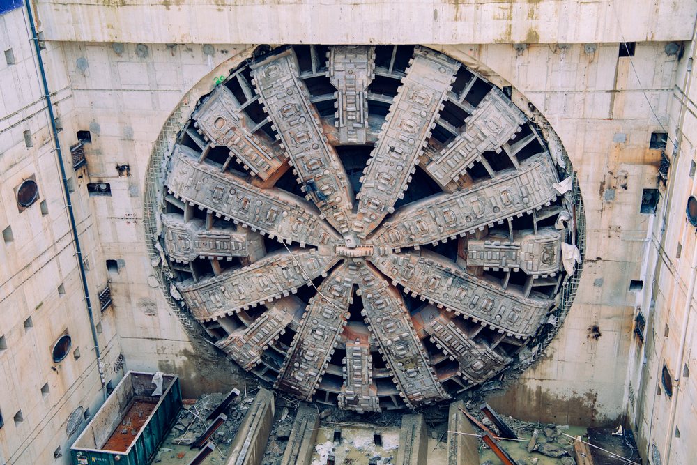 Large tunnel boring machine drill head at USA construction site