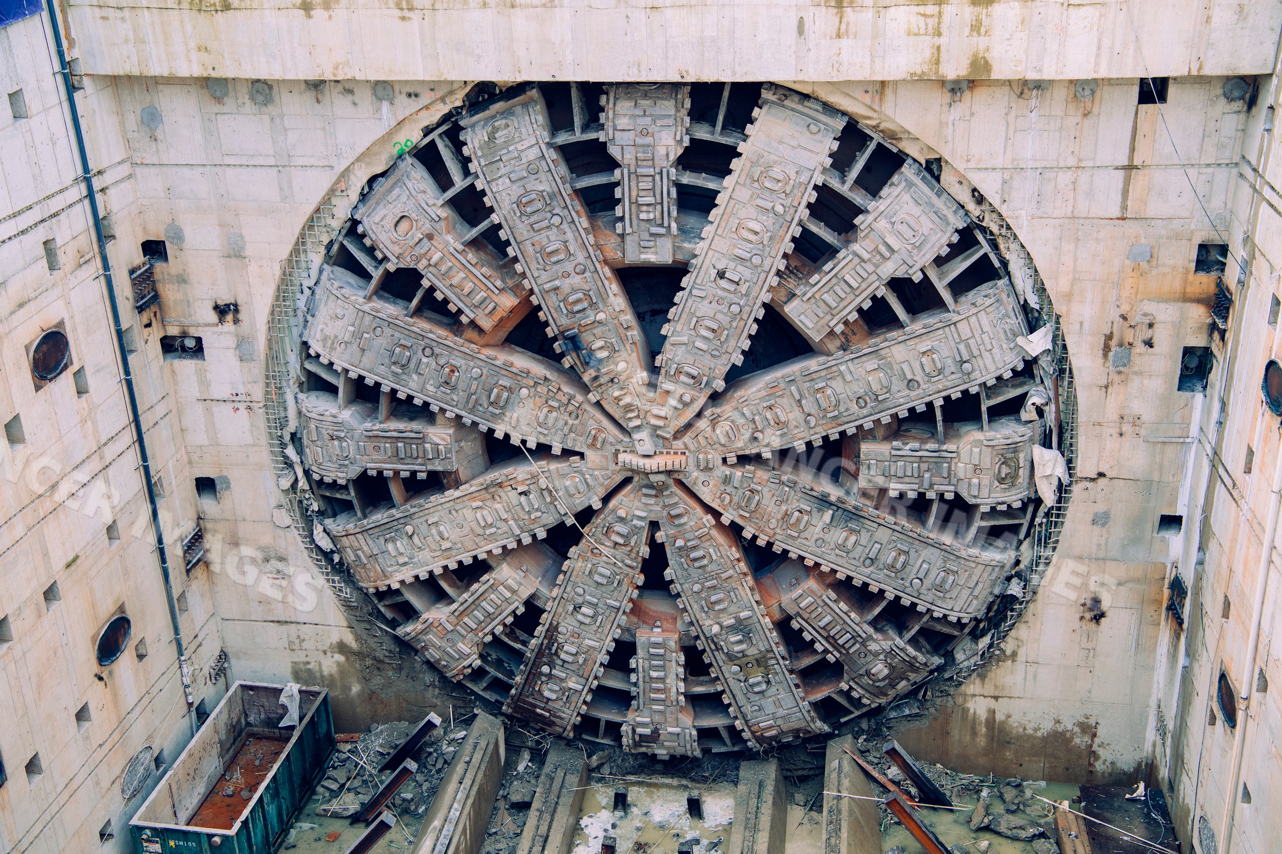 Large tunnel boring machine drill head at USA construction site