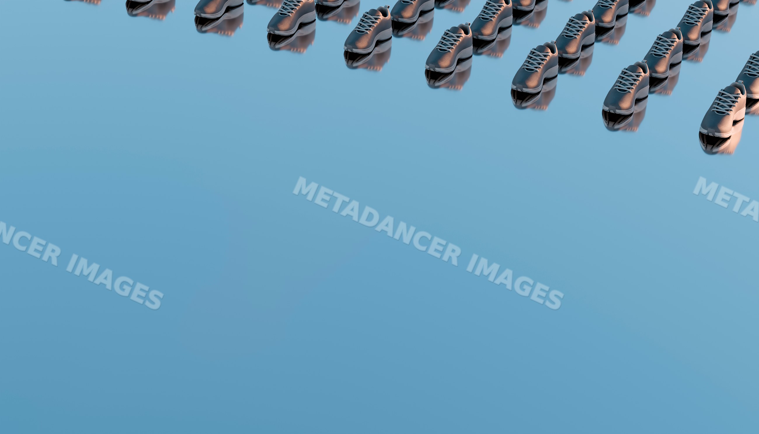Rows of Black shoes in repetitive pattern on reflective blue surface