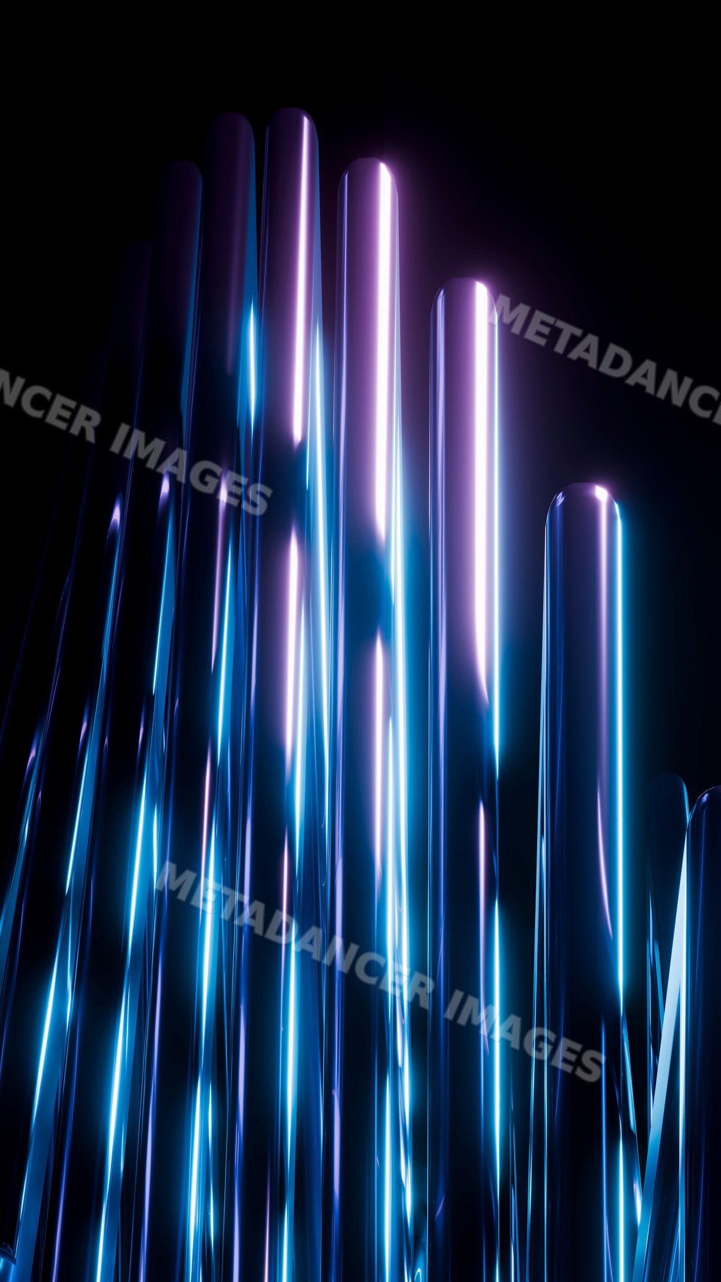 Abstract glowing vertical tubes with reflective surfaces