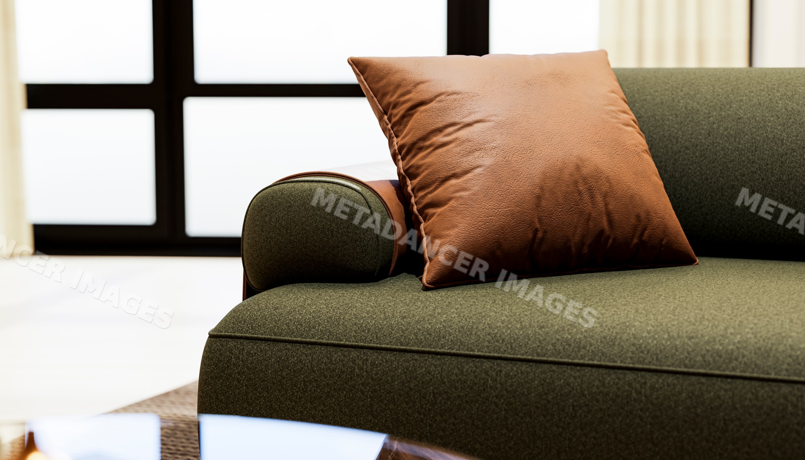 Brown cushion on green sofa armrest in contemporary living room