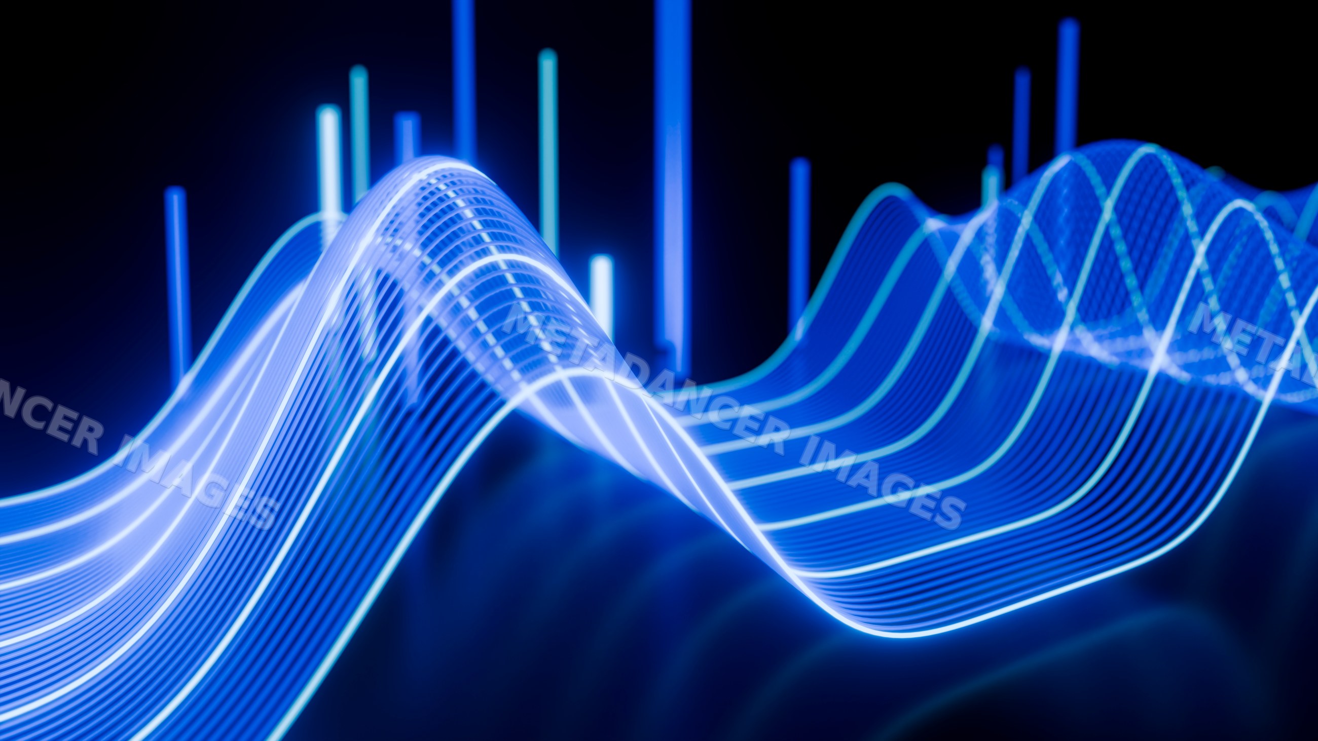 Abstract 3d glowing blue wave of light lines on dark background