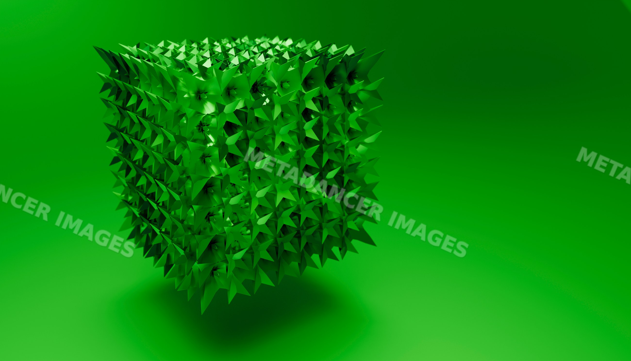 3d rendered abstract green spiked cube floating over green background