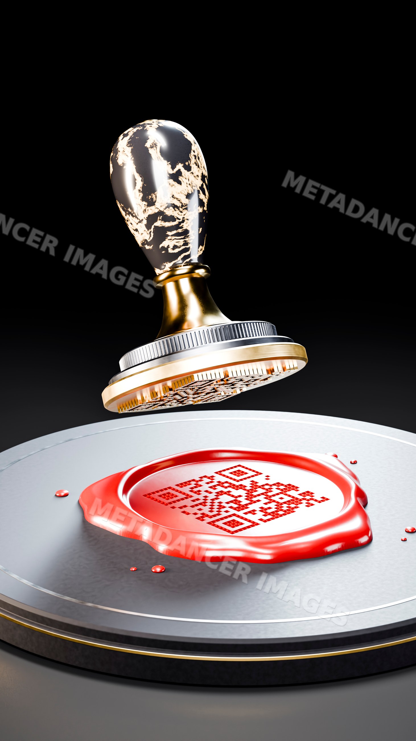 Red wax seal with qr code and brass wax stamp on metal pad