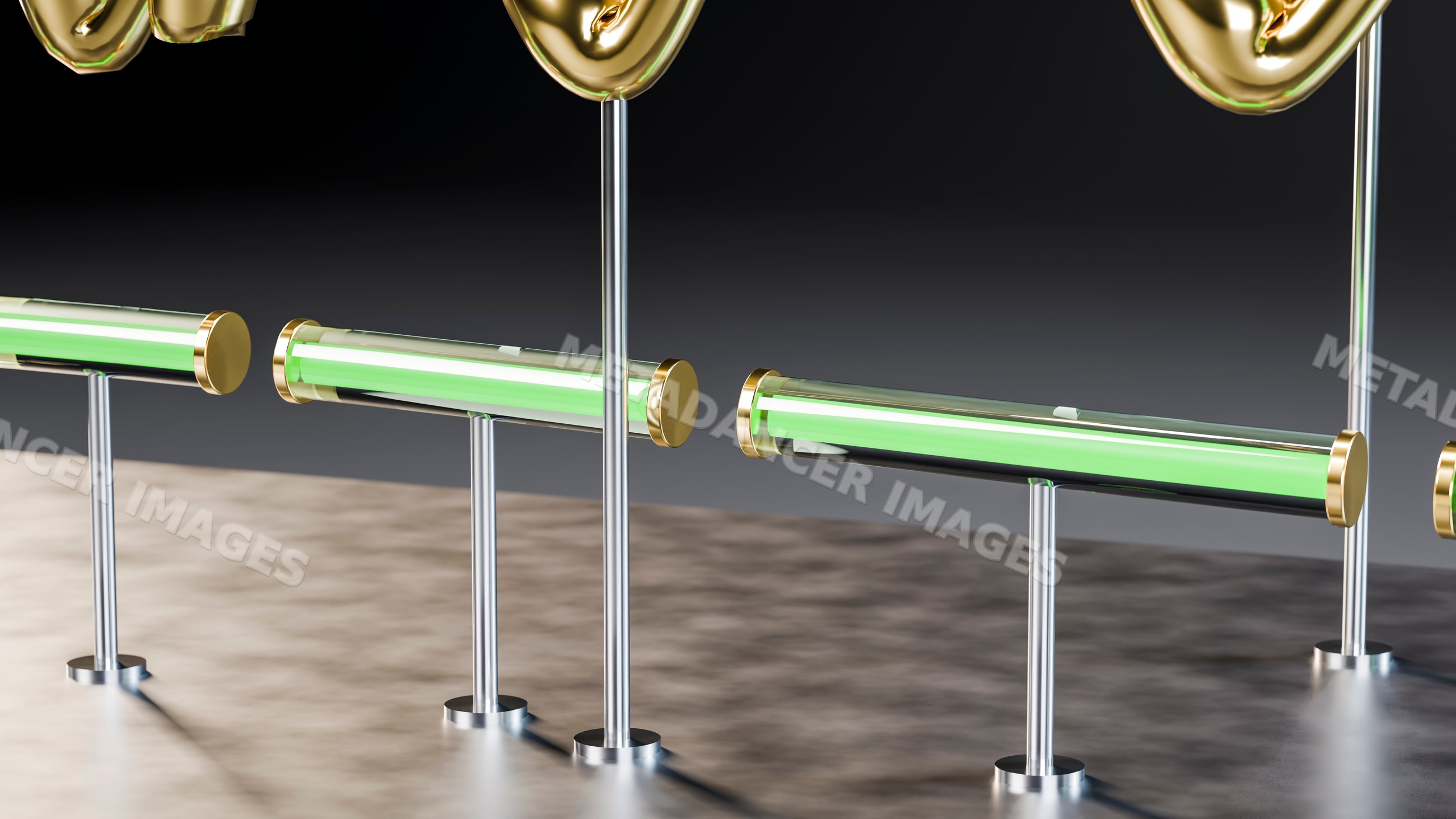 Modern green neon light tubes with gold and chrome accents