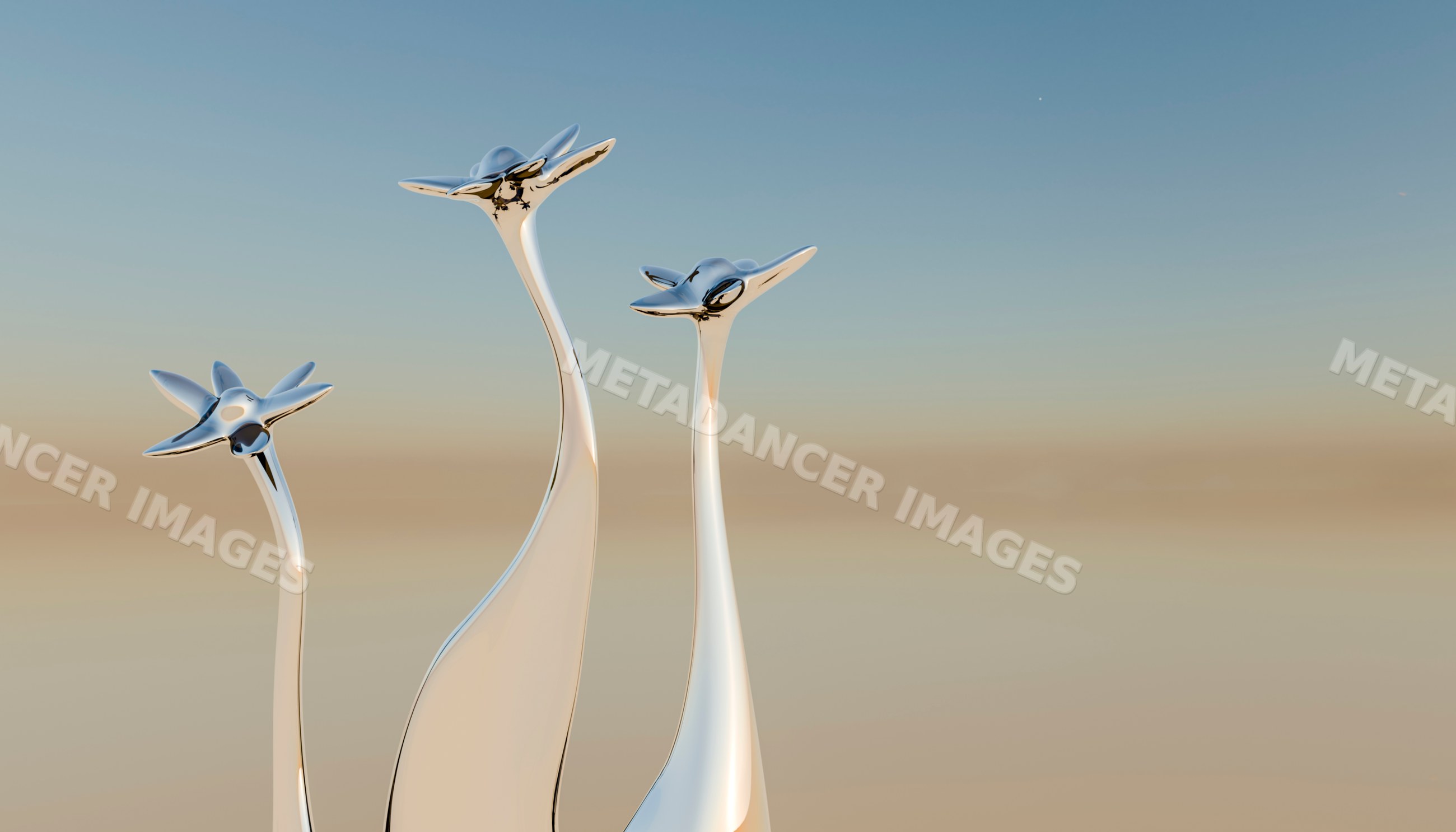 Three tall silver abstract sculptures stand against a blue sky