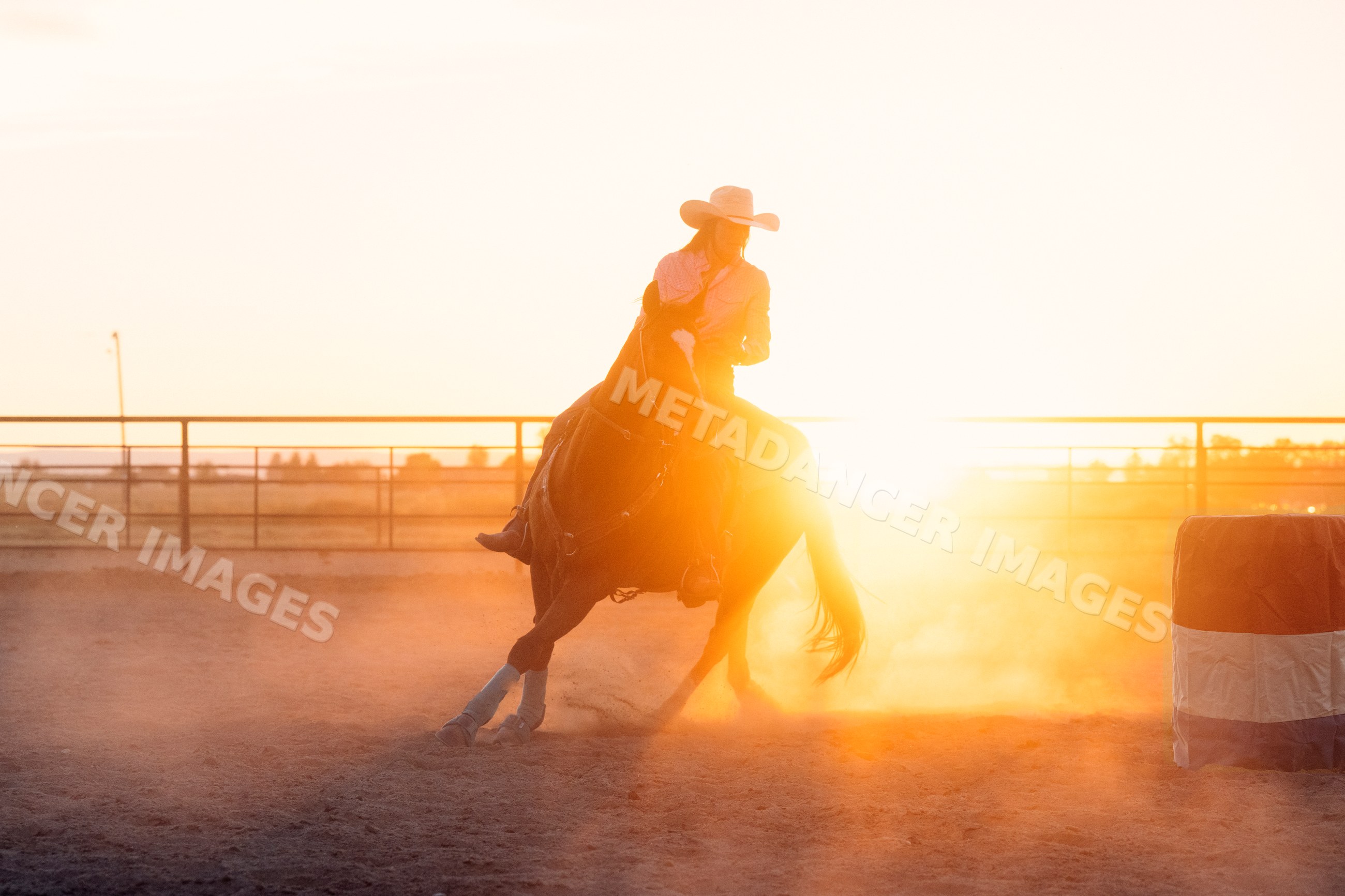 Cowgirl riding horse turning around barrel at sunset in Southwest USA