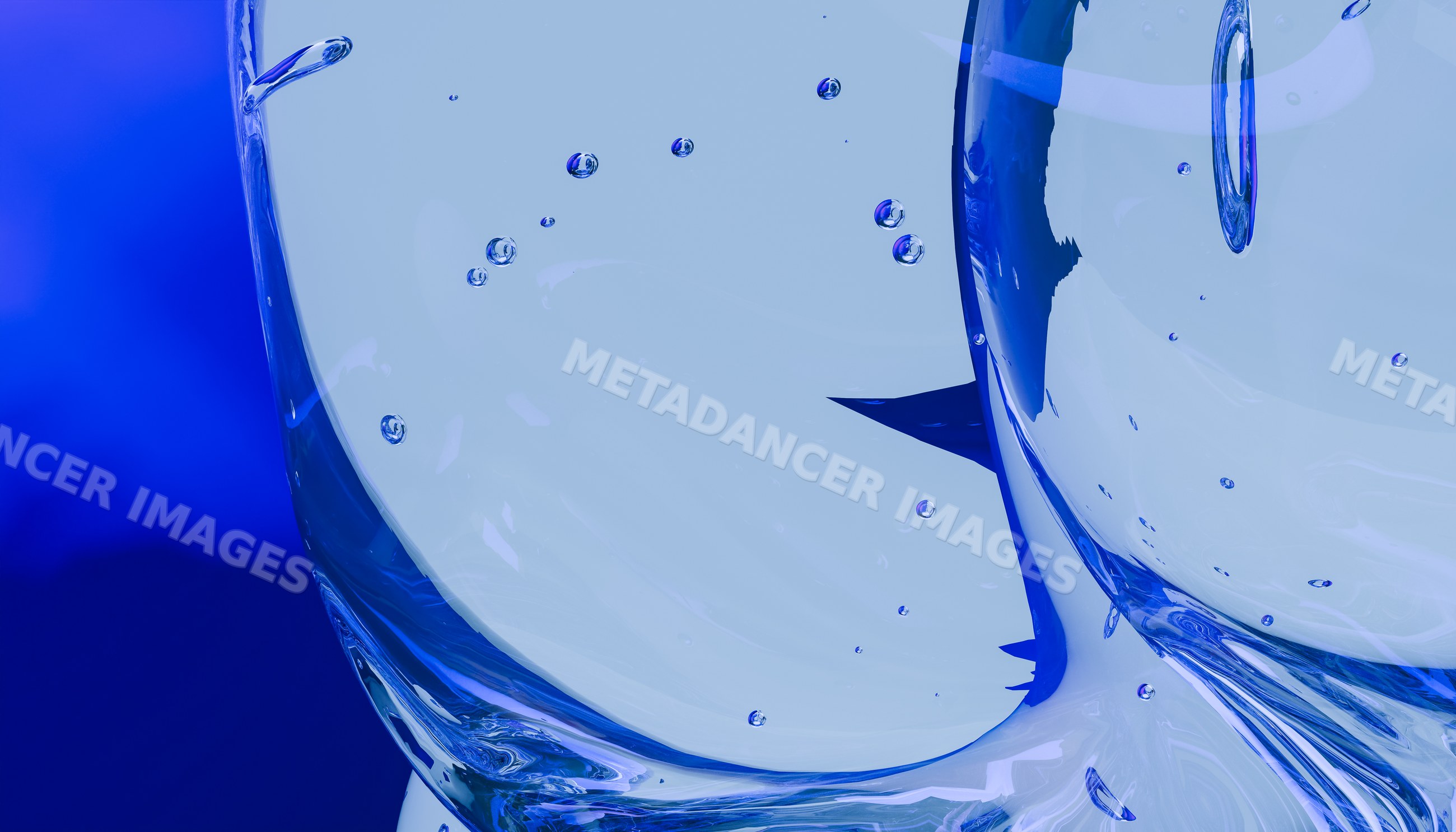 Abstract blue liquid with bubbles in transparent glass surface
