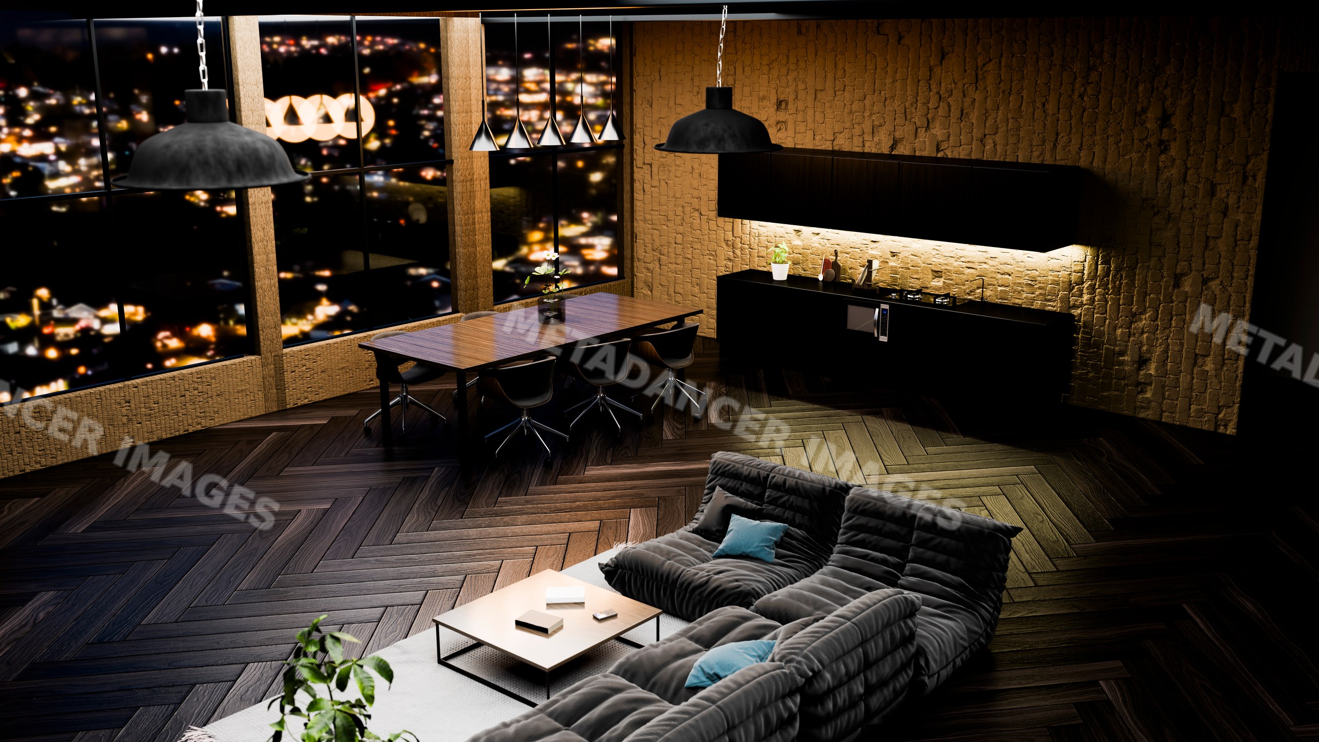 Modern kitchen and dining area with city view at night