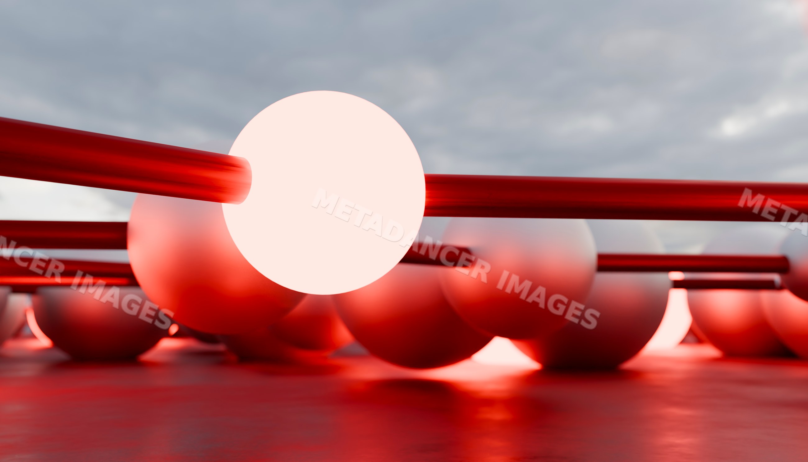 Close-up 3d rendering of molecular model with glowing spheres and red