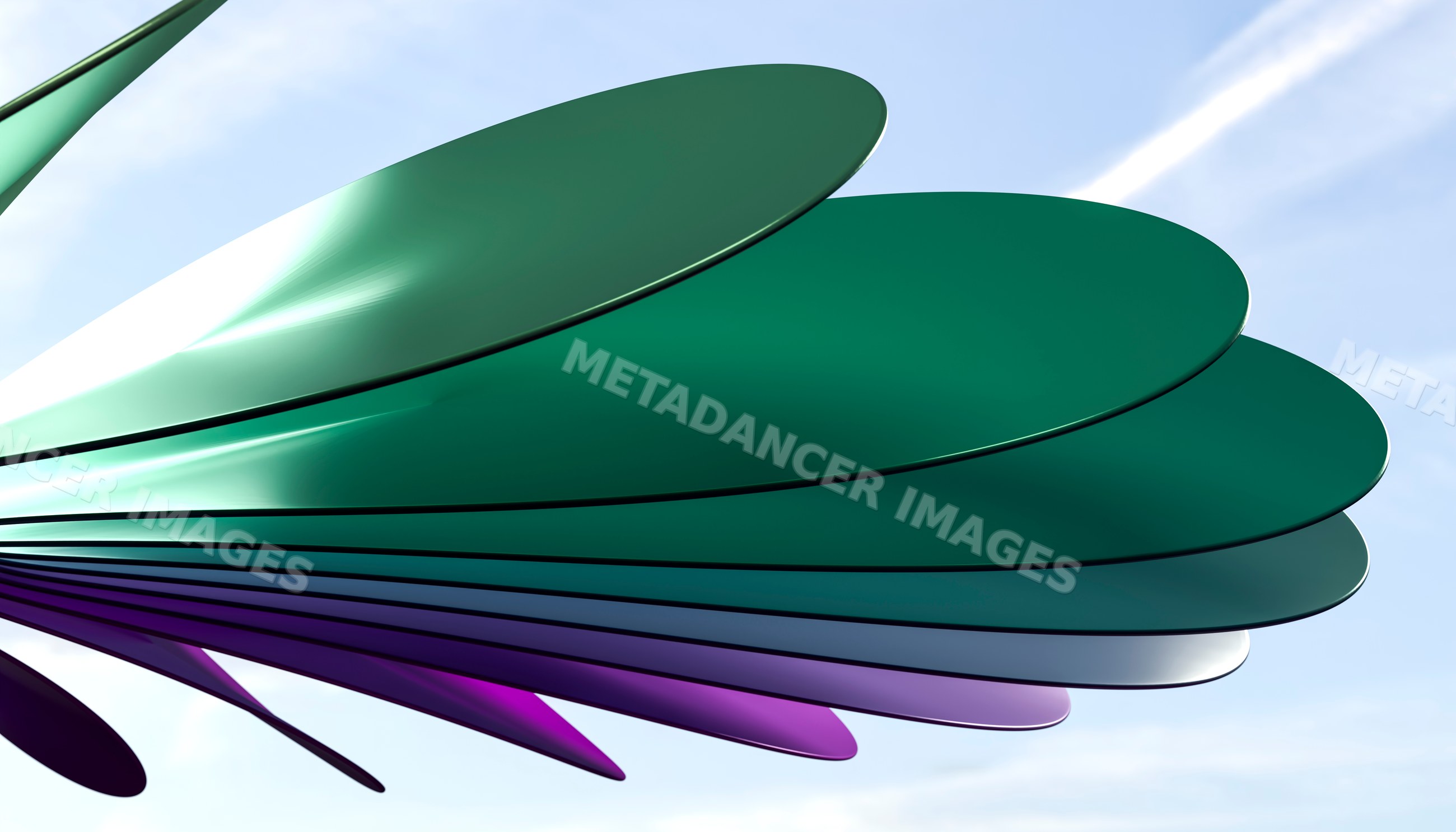 Abstract metal sculpture with large colored petals in outdoor setting