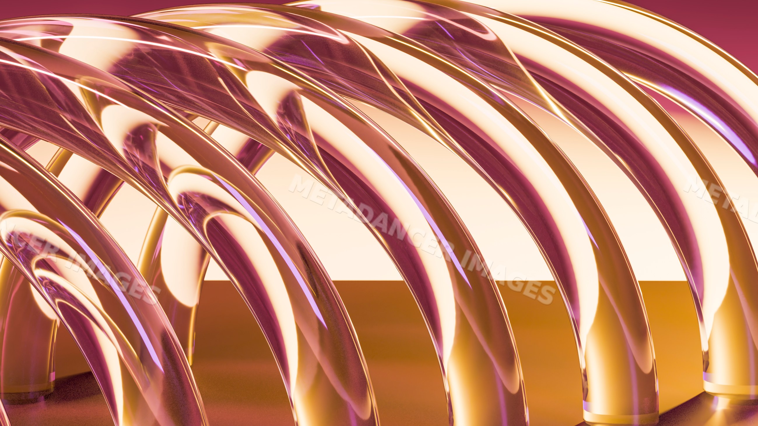Abstract curved glass sculpture on orange surface with pink backdrop
