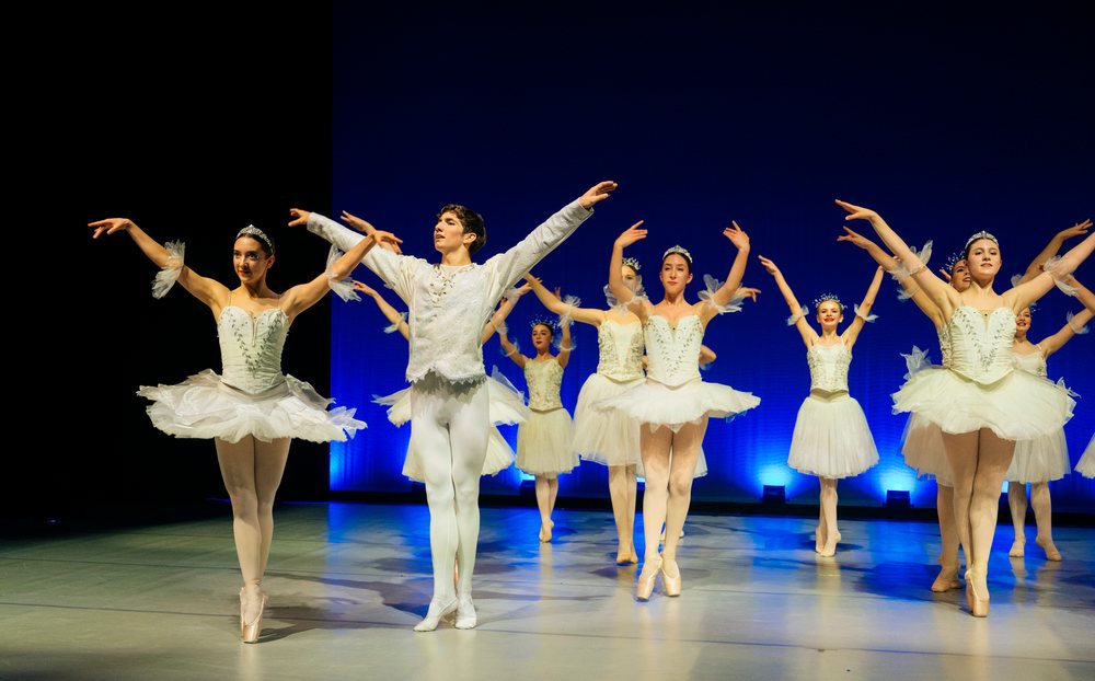 Ballet dancers performing a classical holiday ballet scene on stage