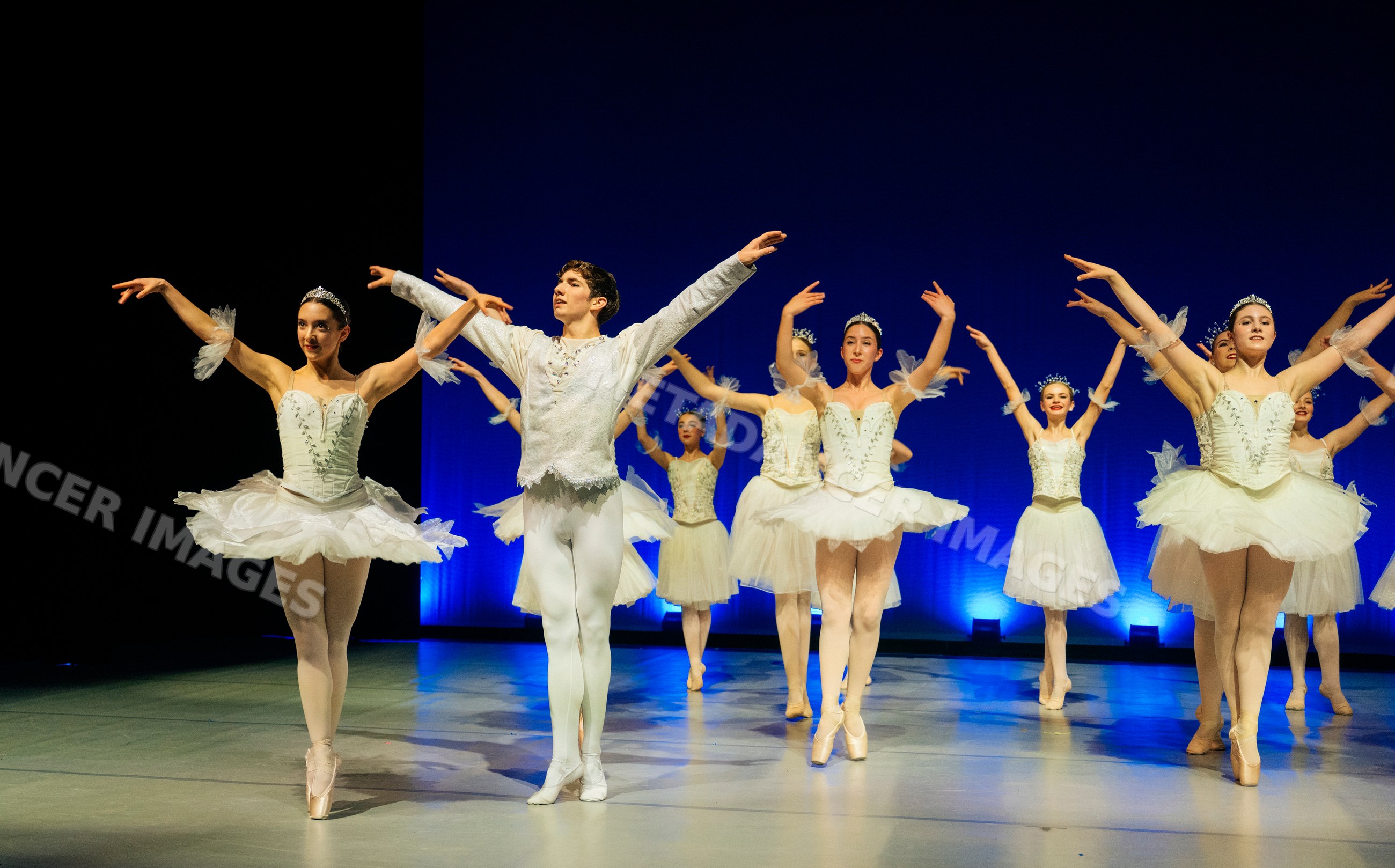 Ballet dancers performing a classical holiday ballet scene on stage