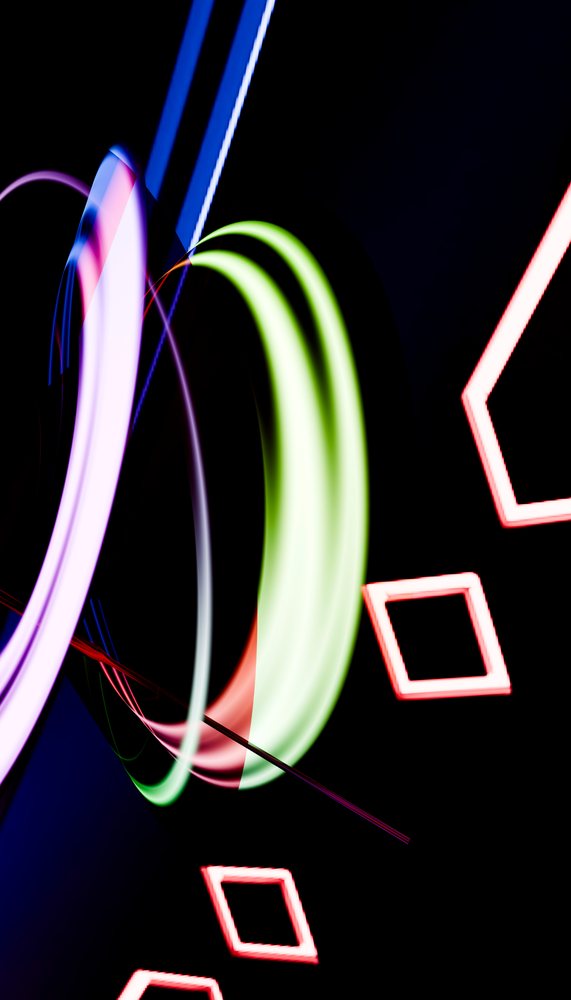 Colorful abstract light painting with neon rings and red squares