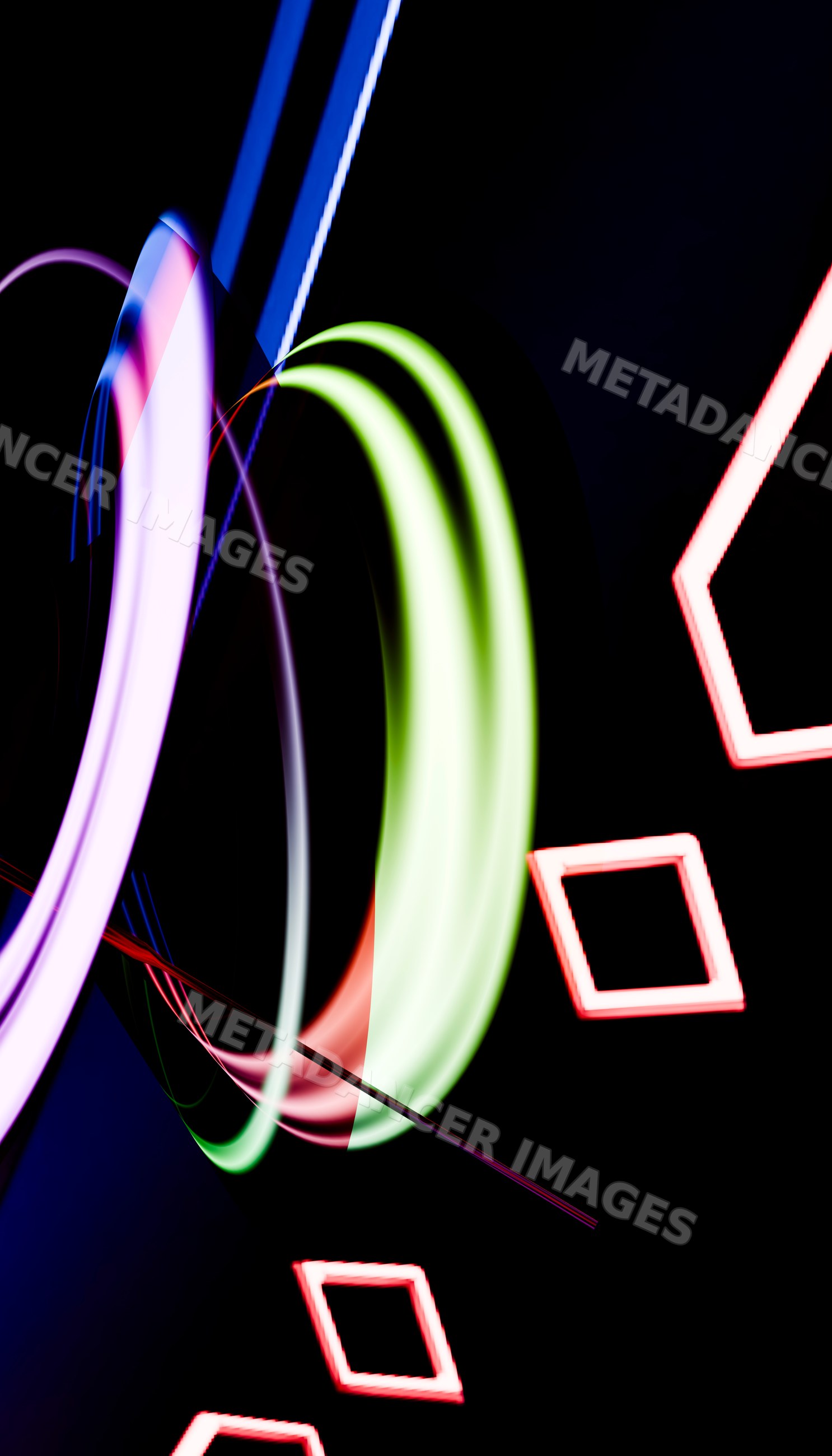 Colorful abstract light painting with neon rings and red squares