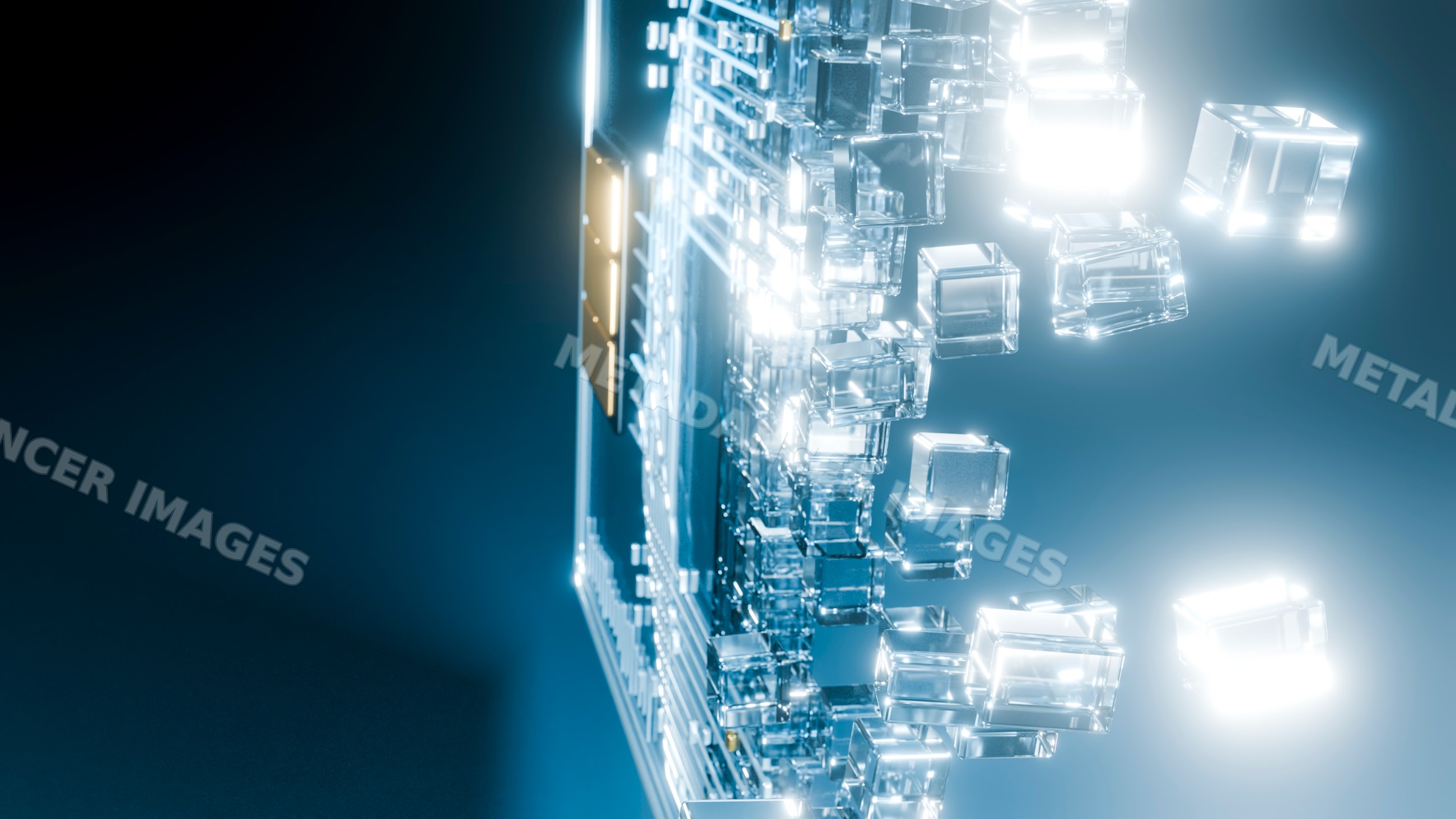 Glowing microchip with floating cubes in futuristic 3d illustration