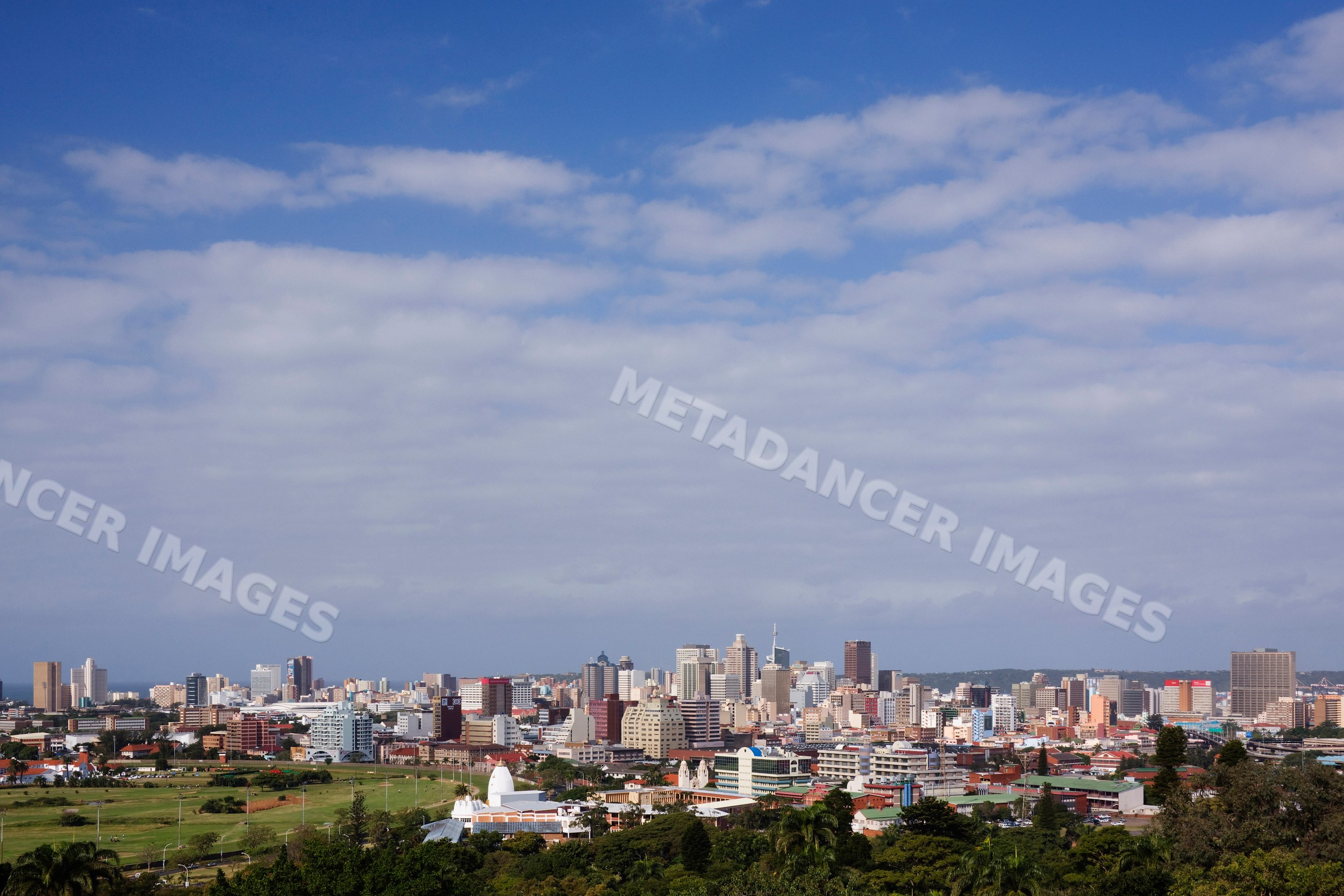 Durban skyline view from berea with indian ocean in the distance