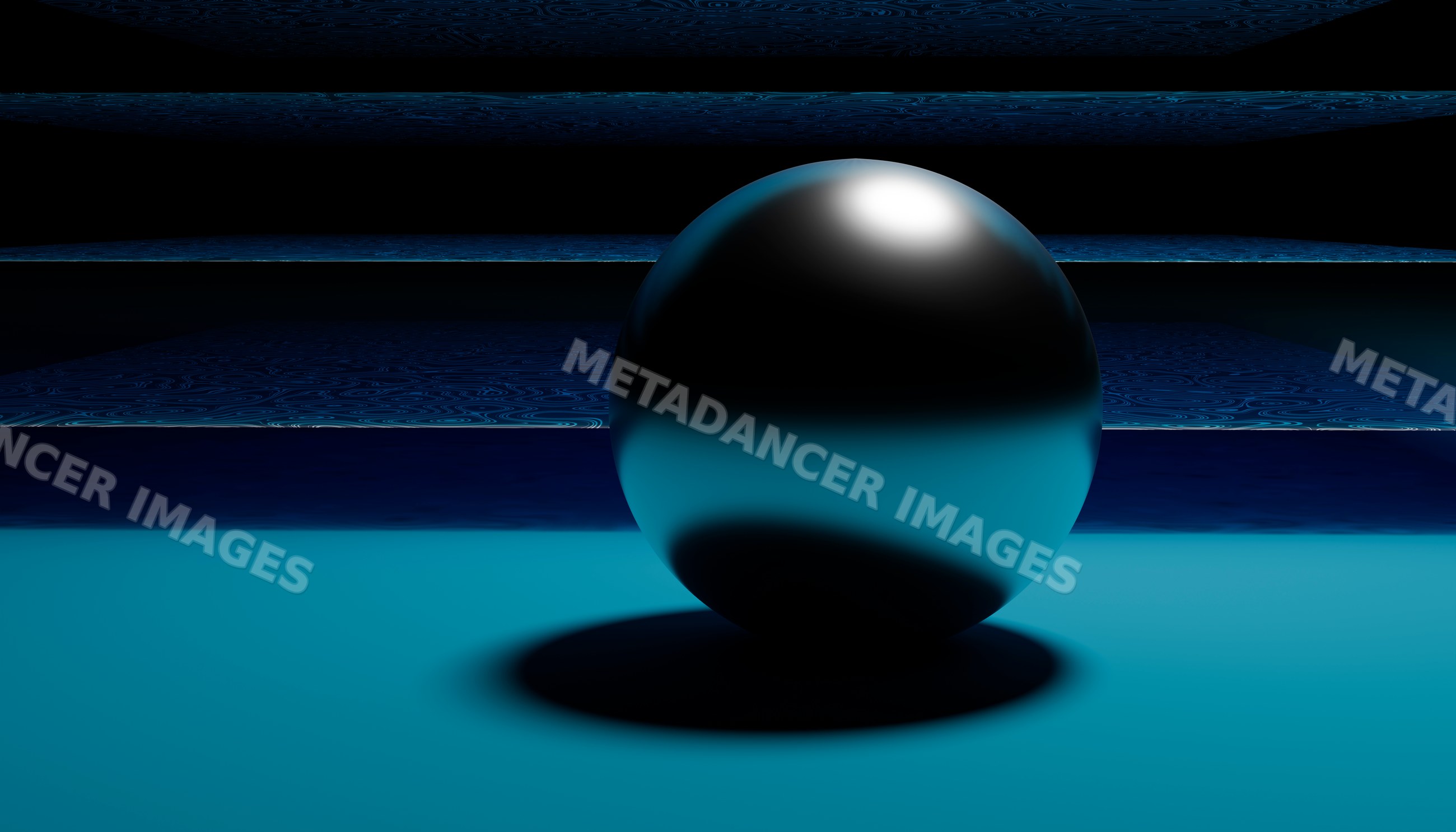 A shiny metallic sphere sits on a blue surface in a minimalist setting