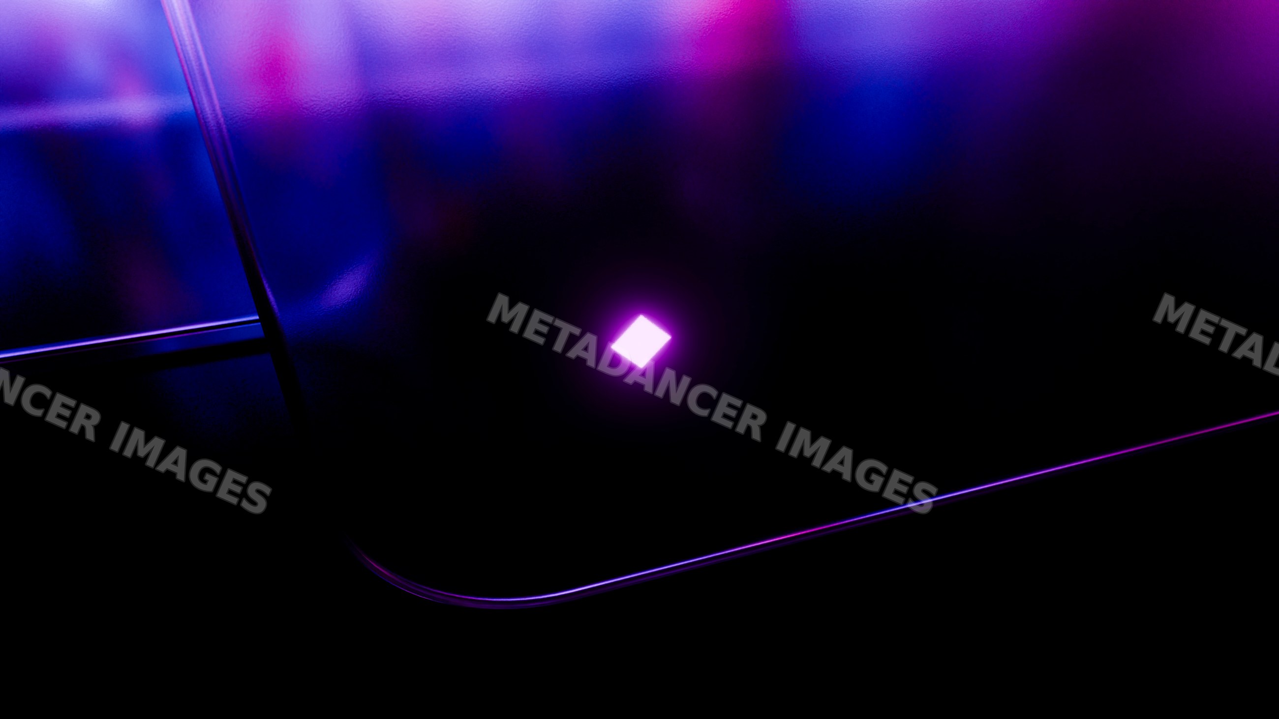 Glowing purple diamond-shaped neon light on reflective black surface
