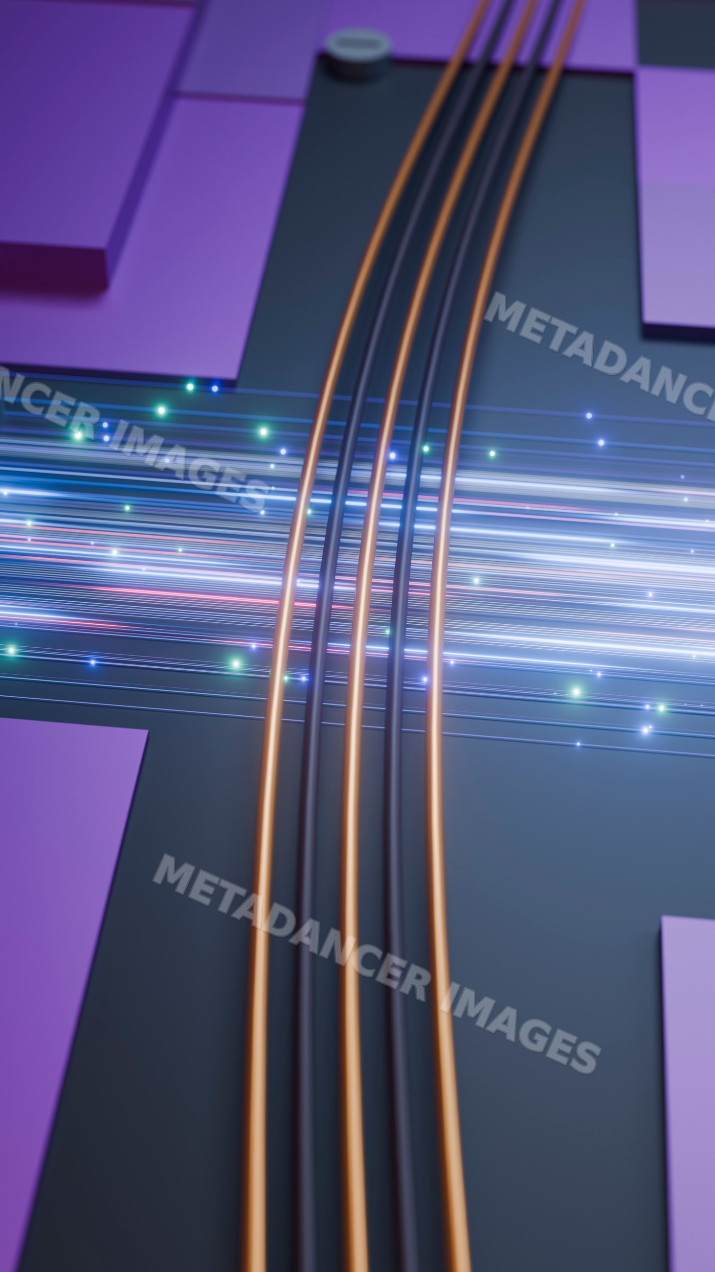 Circuit board with orange wires and glowing digital data lines