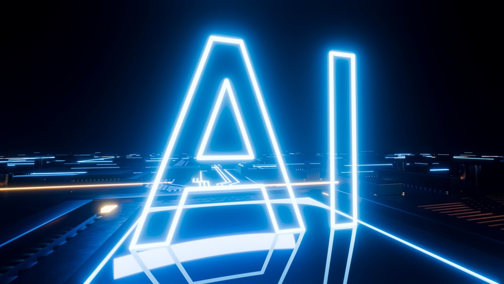 Neon glowing ai letters over futuristic circuit board background