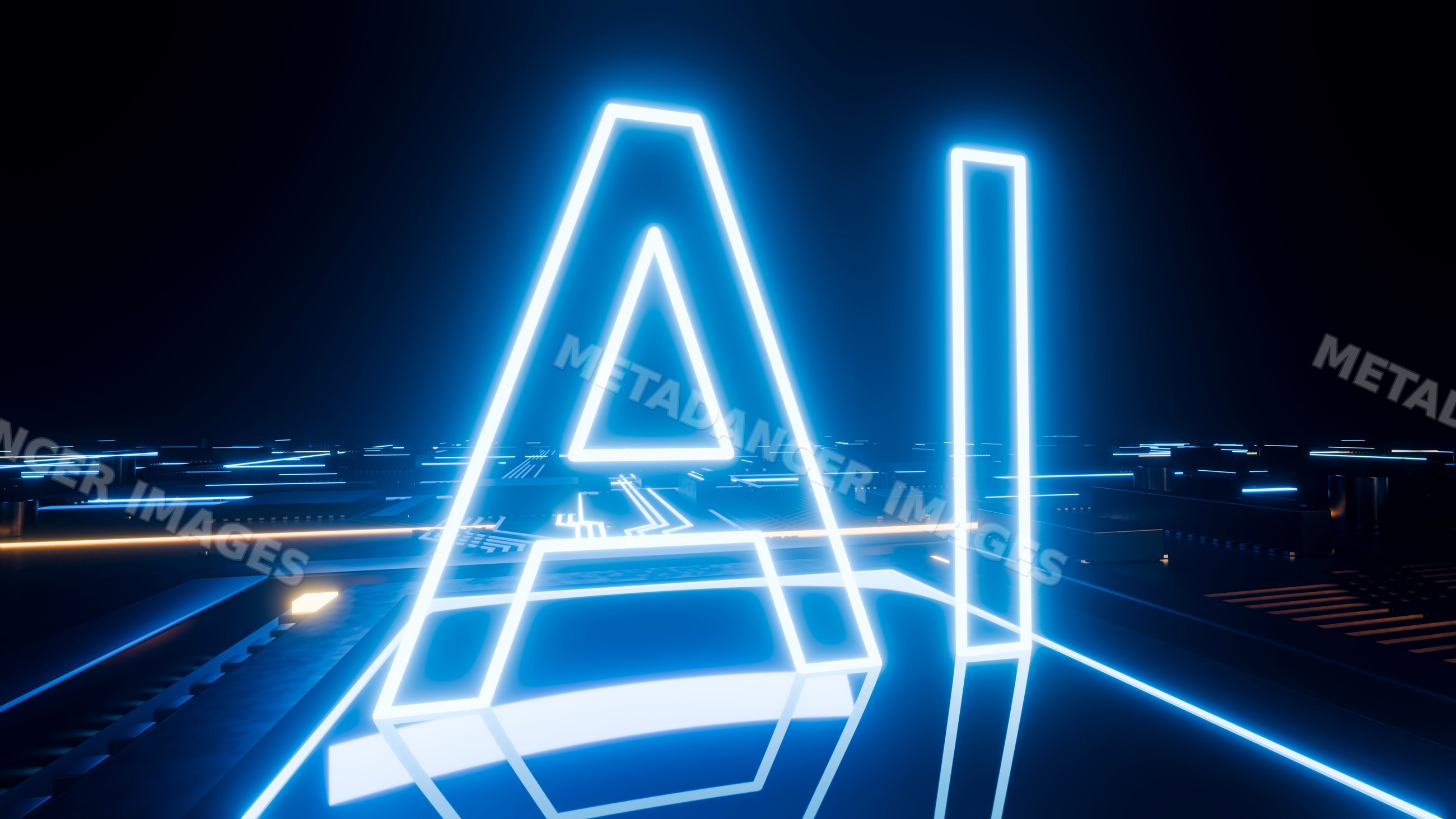 Neon glowing ai letters over futuristic circuit board background