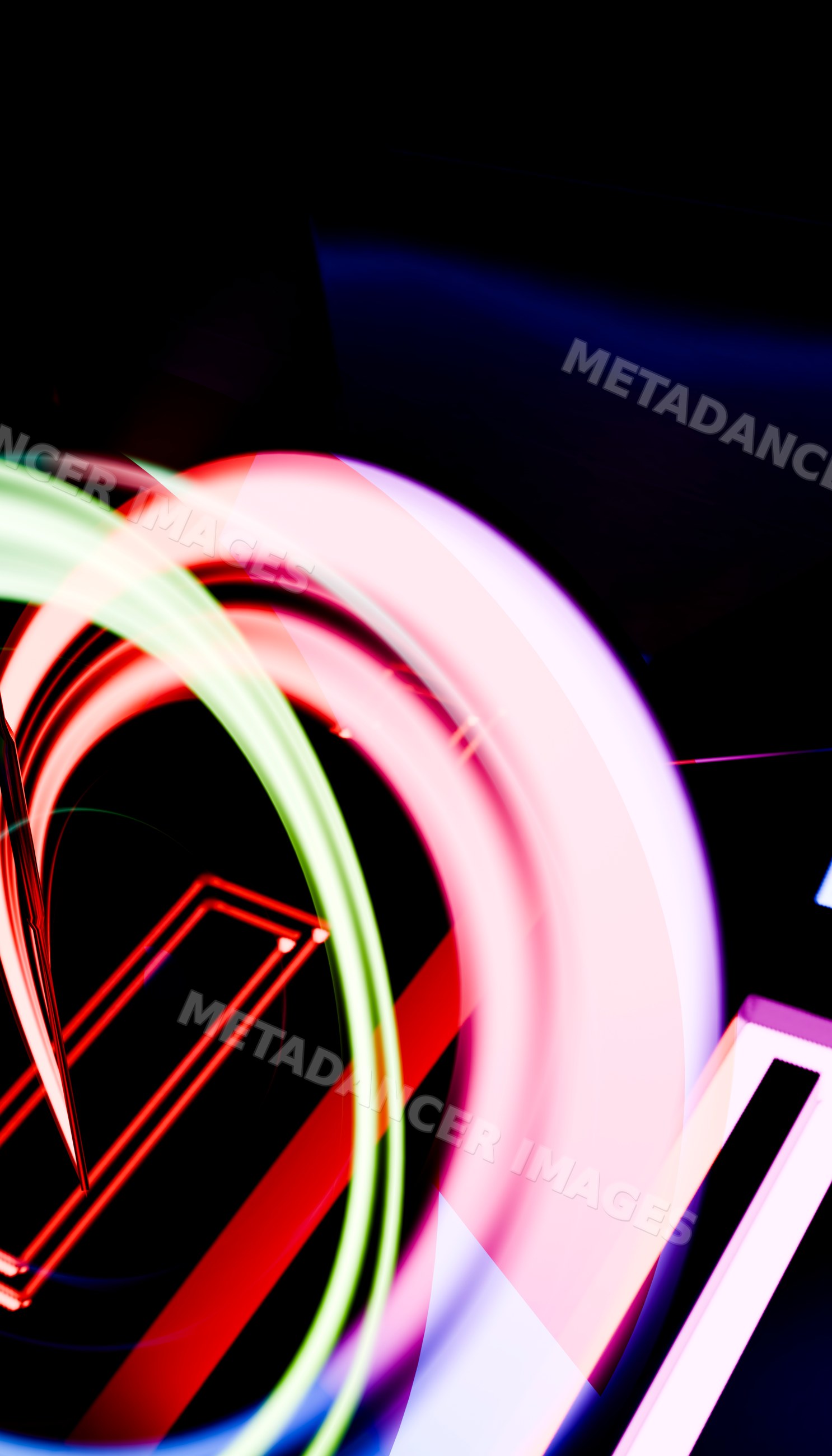 Abstract colorful neon light trails creating geometric shapes on dark