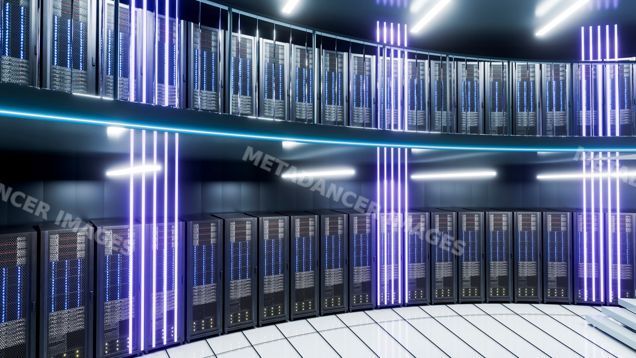 Circular data center room with rows of server racks and led lighting