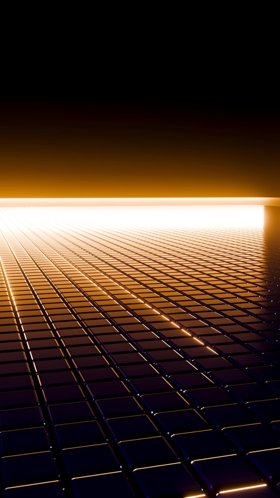 Illuminated grid pattern with glowing orange light in dark environment