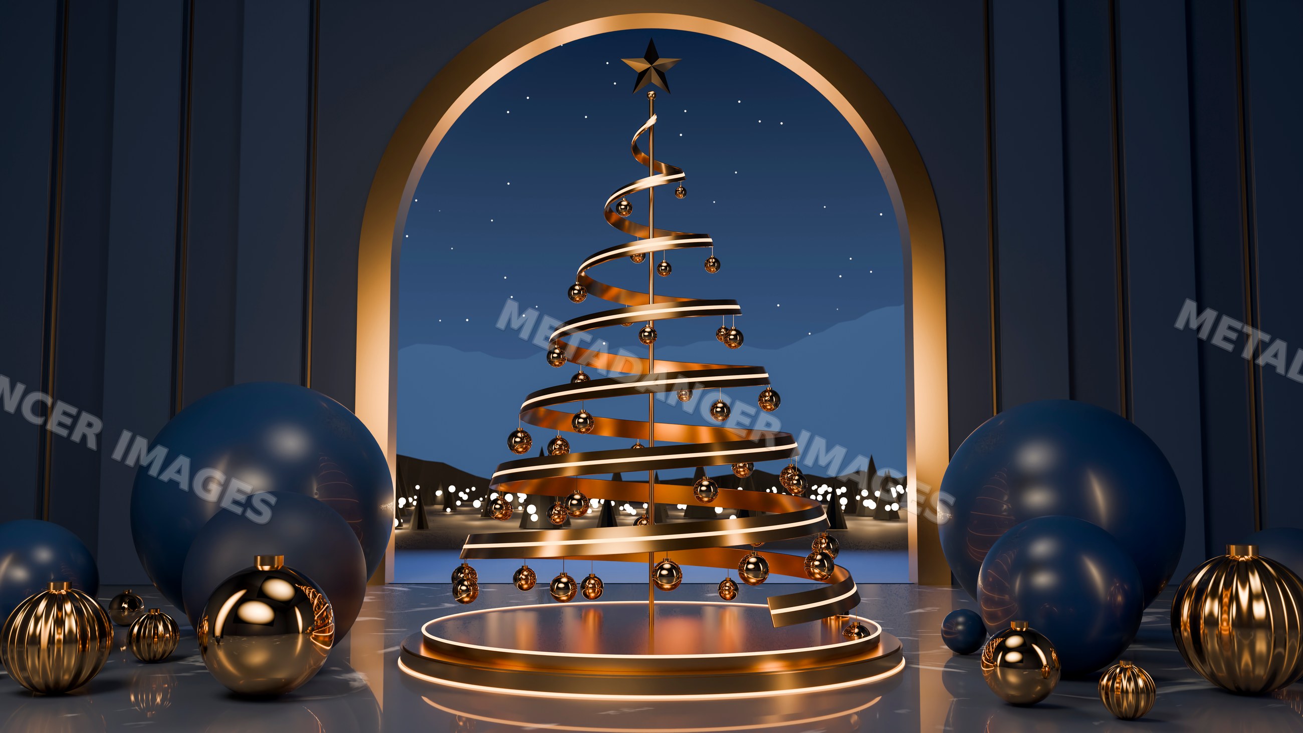 Gold spiral christmas tree with star topper and festive decorations