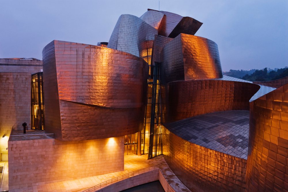 Guggenheim museum with illuminated copper exterior Spain