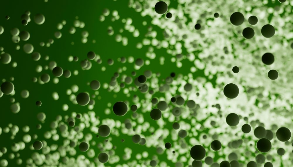 Green spheres floating in digital abstract space with depth effect