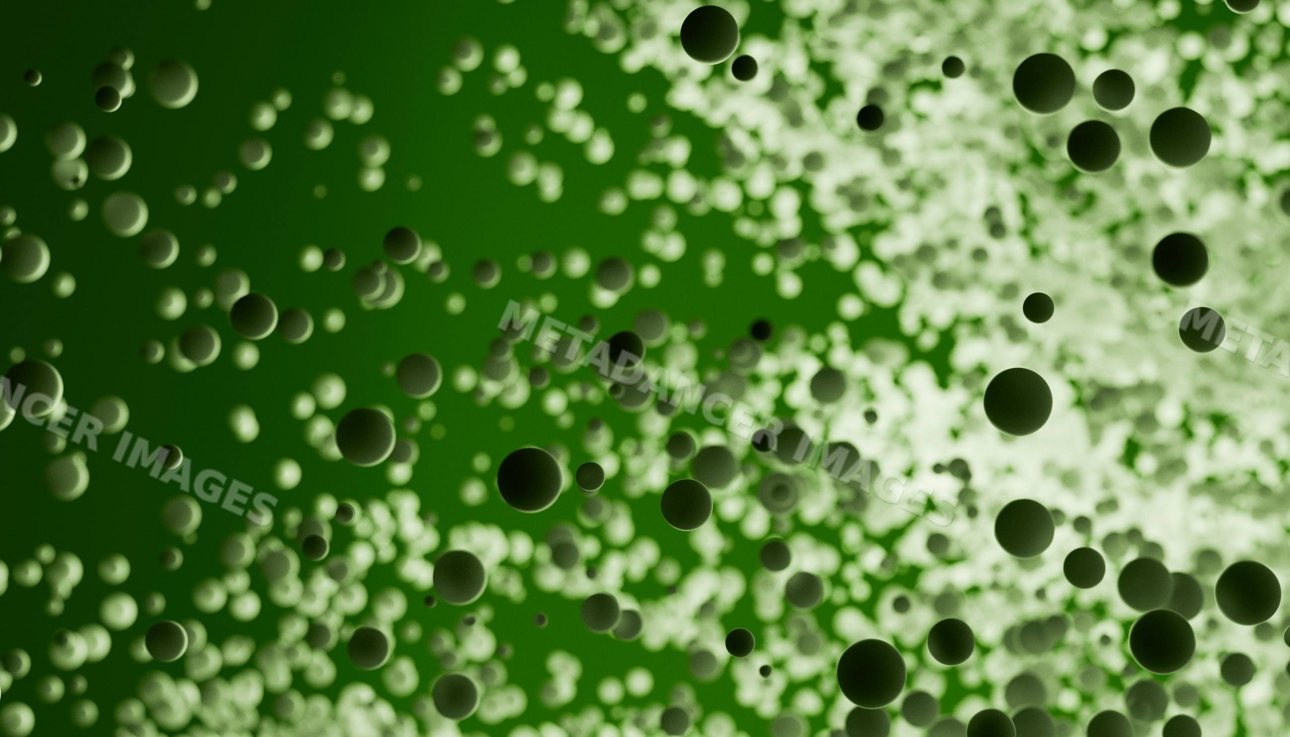 Green spheres floating in digital abstract space with depth effect