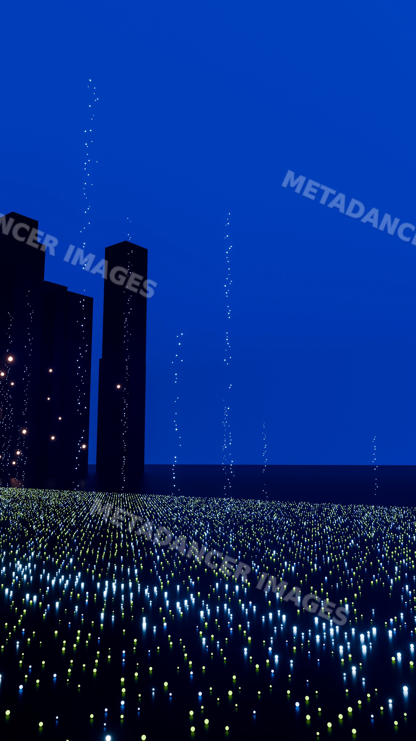 Digital lights forming abstract vertical pillars in a deep blue scene