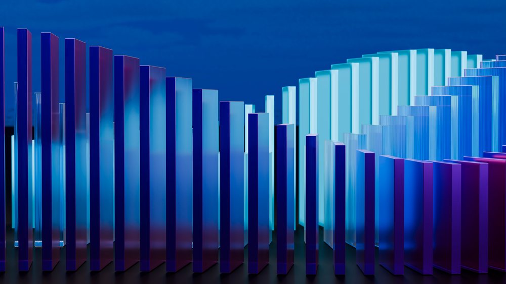 Blue transparent bars forming abstract vertical wave shapes