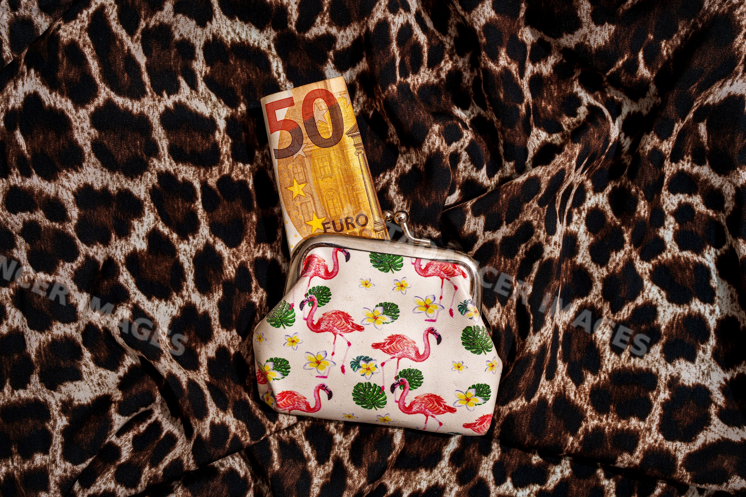 Coin purse with flamingo pattern and fifty euro note on leopard fabric